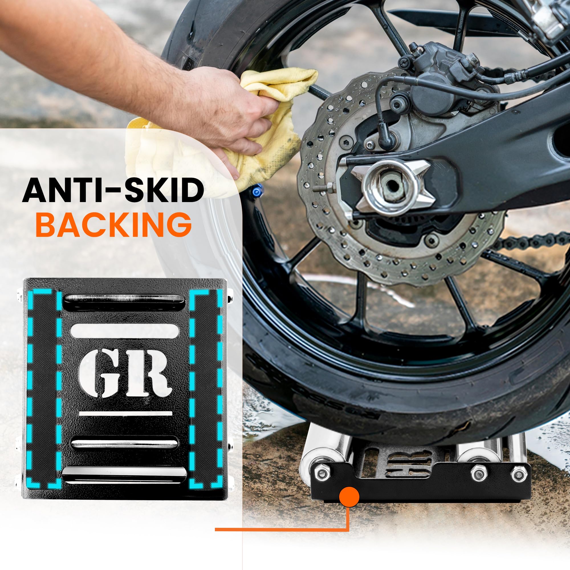 GRAND PITSTOP Motorcycle Roller Wheel Cleaning Stand - Black Roller Medium, Model Roller-MB, Ideal for Tire Cleaning & Chain Lubrication