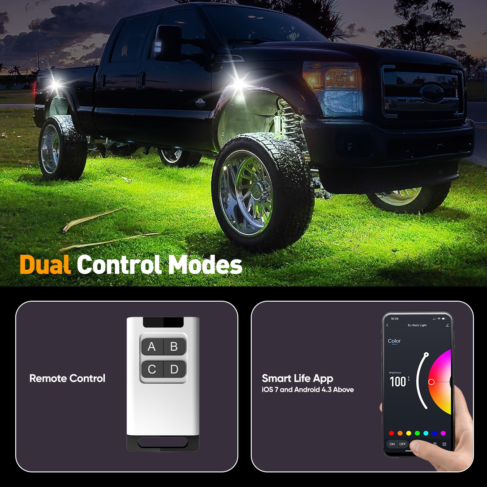 YiLaie RGB LED Rock Lights Kit - 4 Pods, Multicolor Waterproof Underglow with APP/RF Control, Model EL-XDP-4