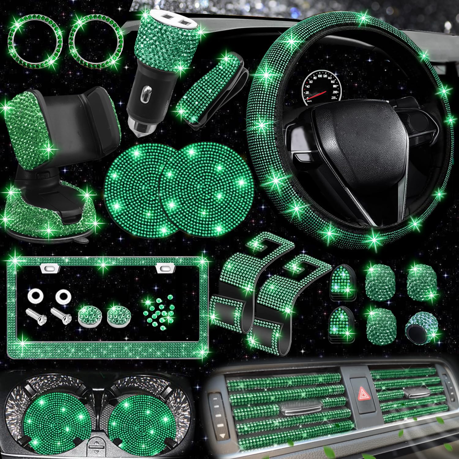 NBTEPEM 27 PCs Green Bling Car Accessories Set - Universal 15" Steering Wheel Cover, Bling License Plate Frame & Phone Holder