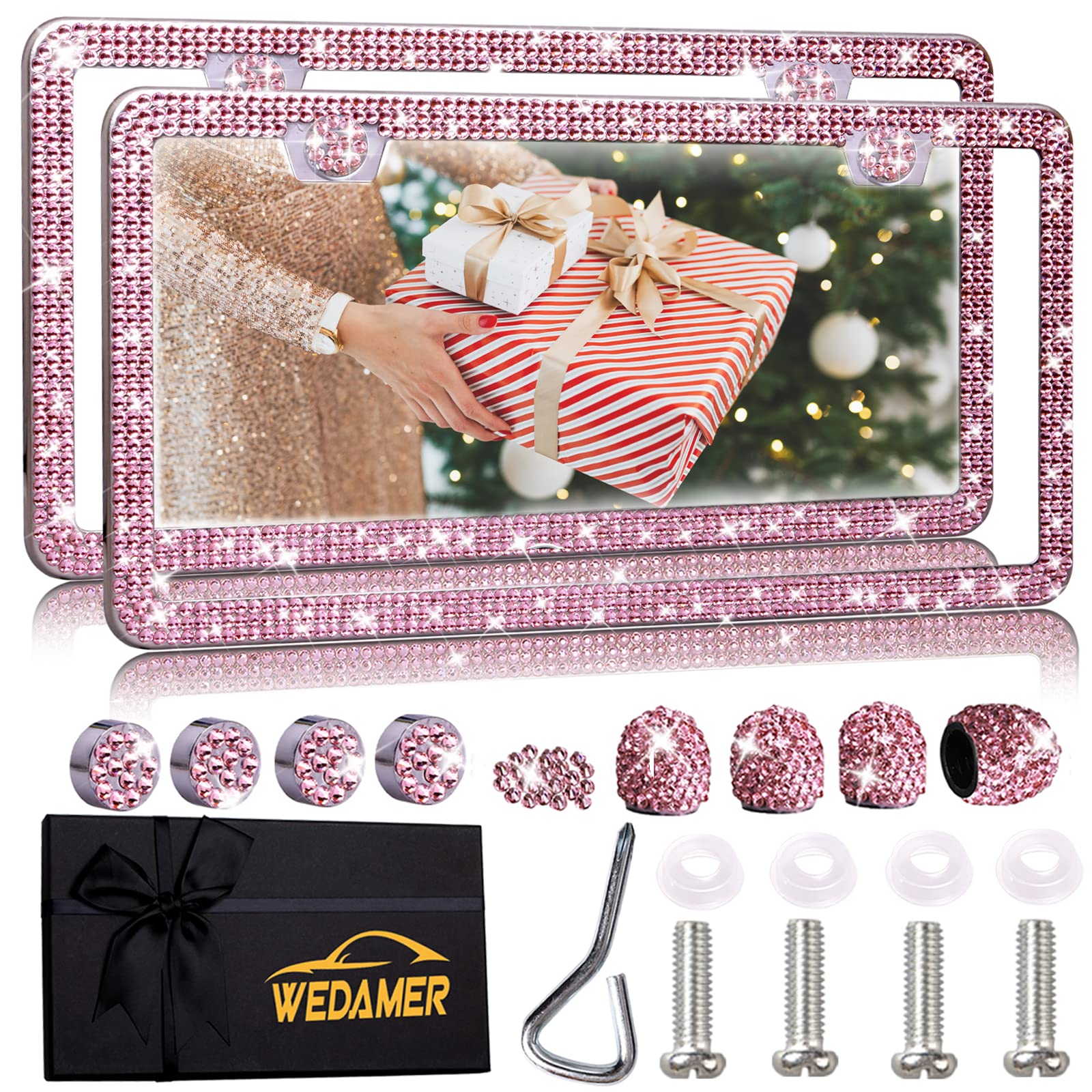 Wedamer Pink License Plate Frame Bling License Plate Frames For Women Sparkly Rhinestone License Plate Frame Diamond Bedazzled G
