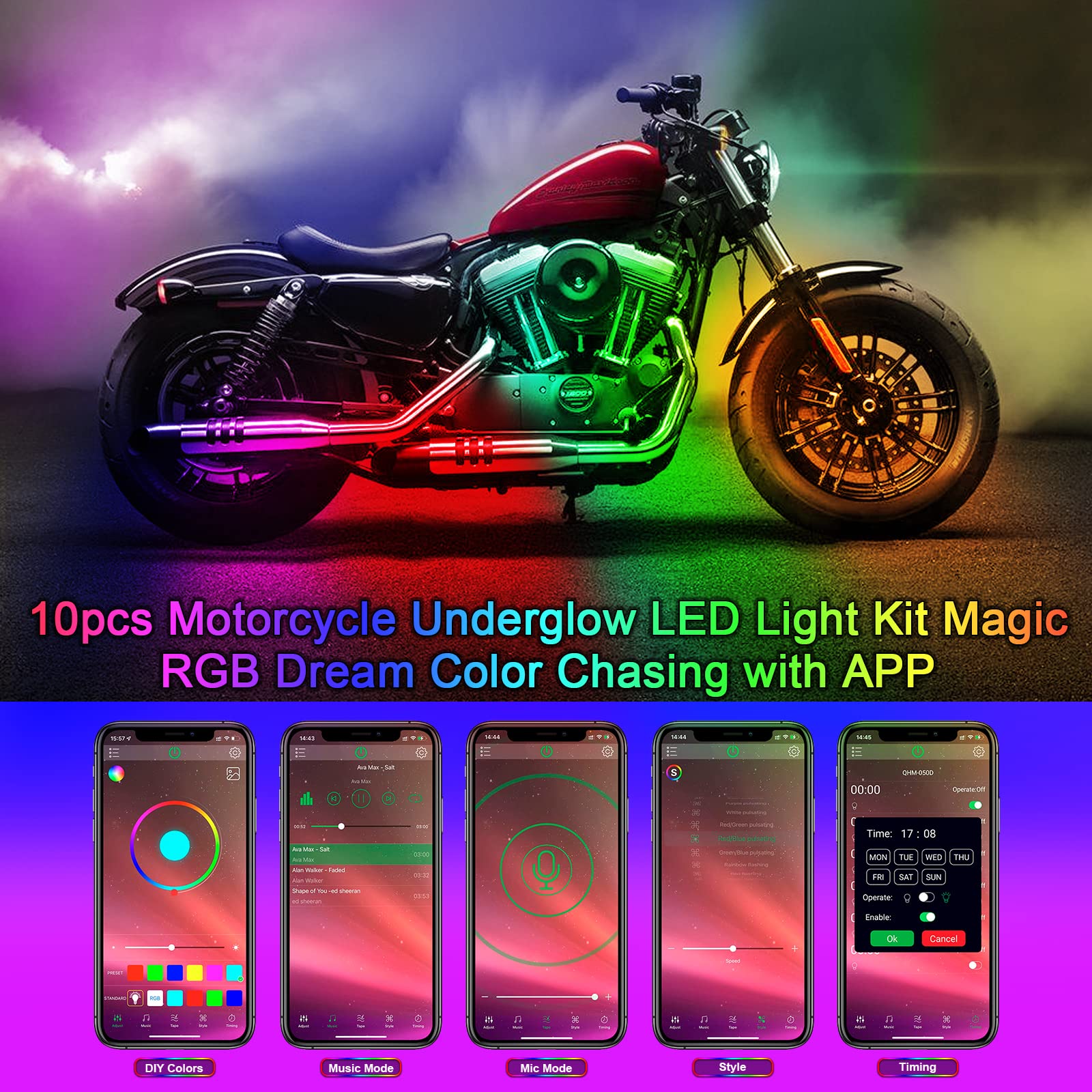 FCPVHOY 10Pcs Motorcycle LED Underglow Kit, RGB Strips with APP Control, PVC Material, Colourful for Harley Honda Kawasaki Suzuki