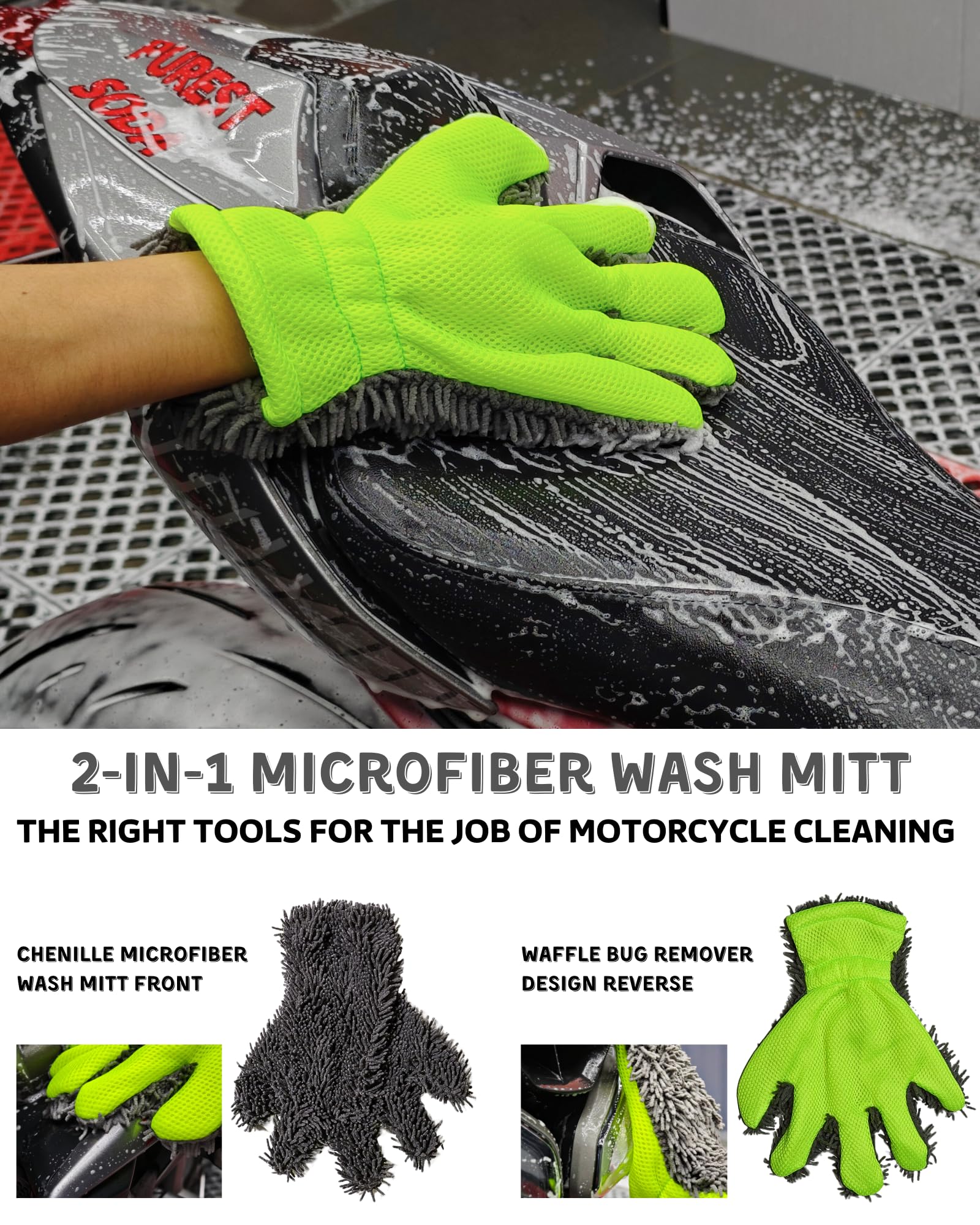 oesee Motorcycle Cleaning Kit - 8 Pack with Chrome Safe Products, Brushes & Towels - Model MCK008, Grey