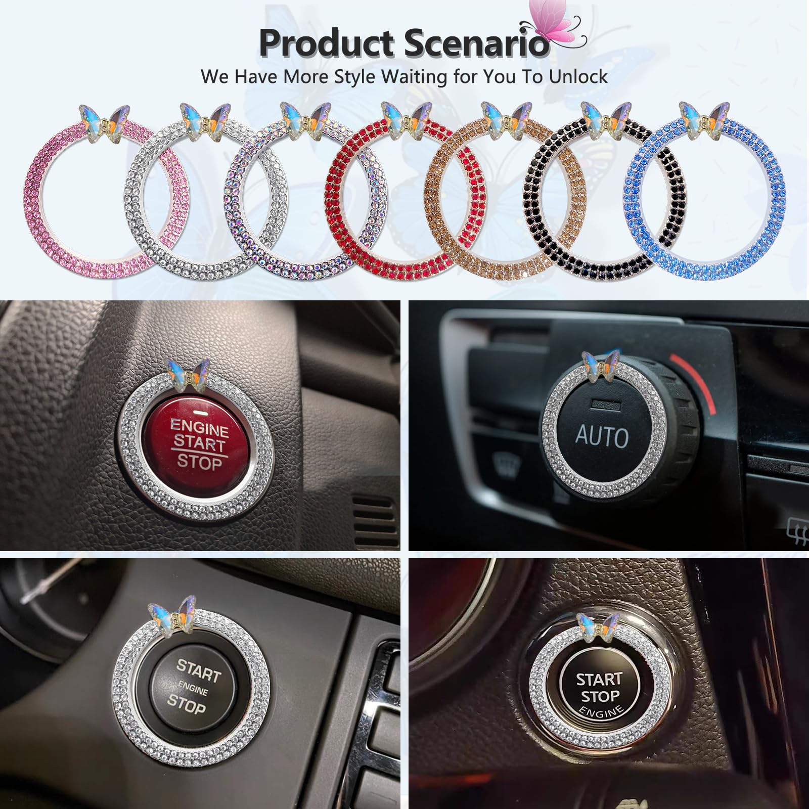 3leavtrees Bling Ring Emblem Car Accessories - Rhinestone Crystal Ring for Car Buttons & Knobs, Push to Start Button, Key Igniti