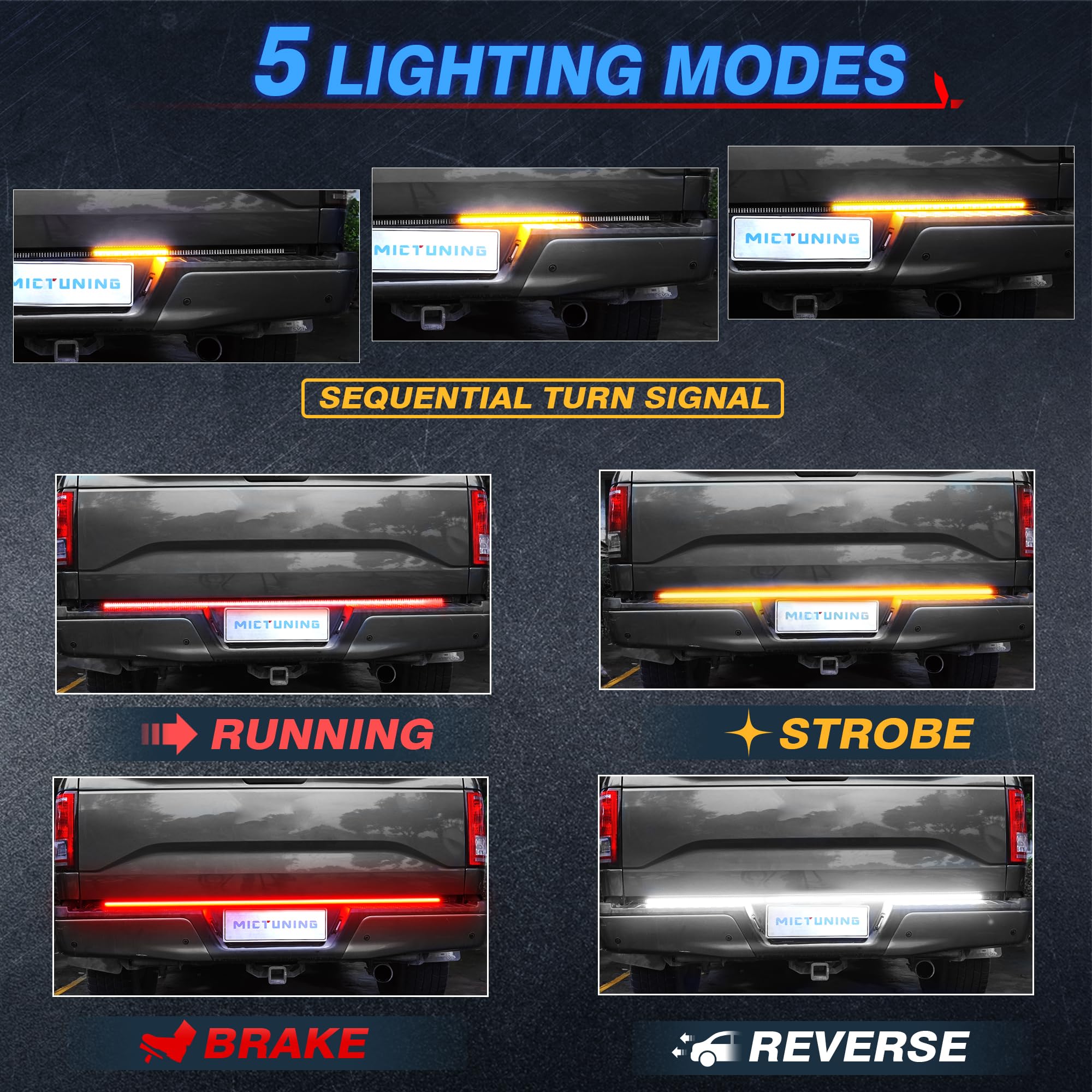 MICTUNING 60" Triple 504 LEDs Tailgate Strip Light, Waterproof, 4-Way Connector, Amber Turn Signal, Red Brake, White Reverse