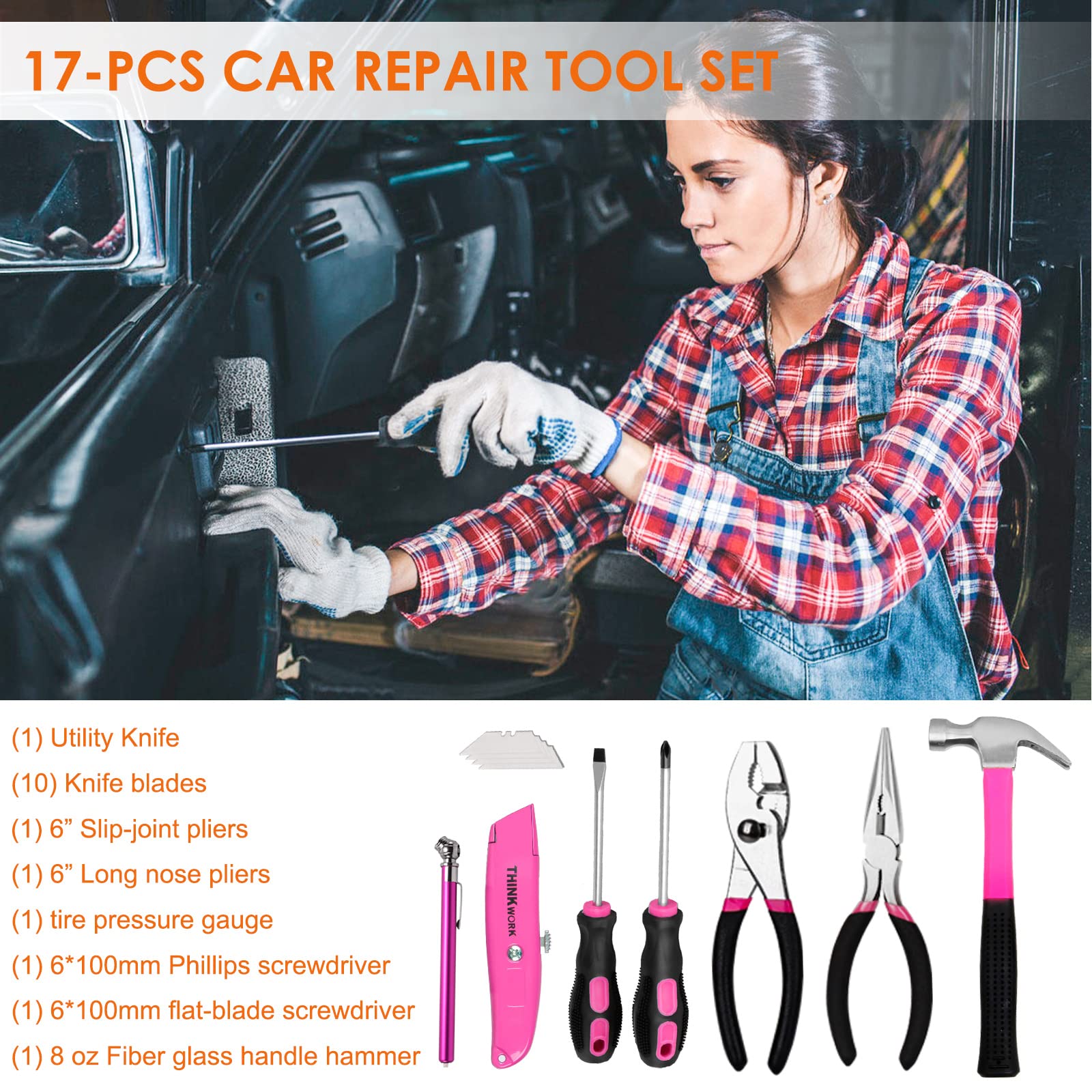 THINKWORK Pink Car Emergency Kit - Roadside Assistance Tools, 10FT Jumper, First Aid Kit, Ideal Gift for Teen Girls and Ladies - Model E8