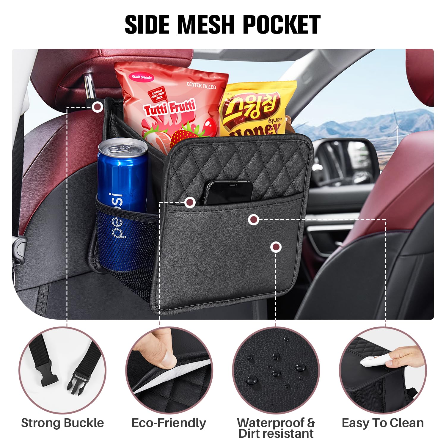 LXUNYI Car Organizer Back Seat - 2 Pack Waterproof Faux Leather, Large Foldable Storage Bag for Kids & Adults, Black