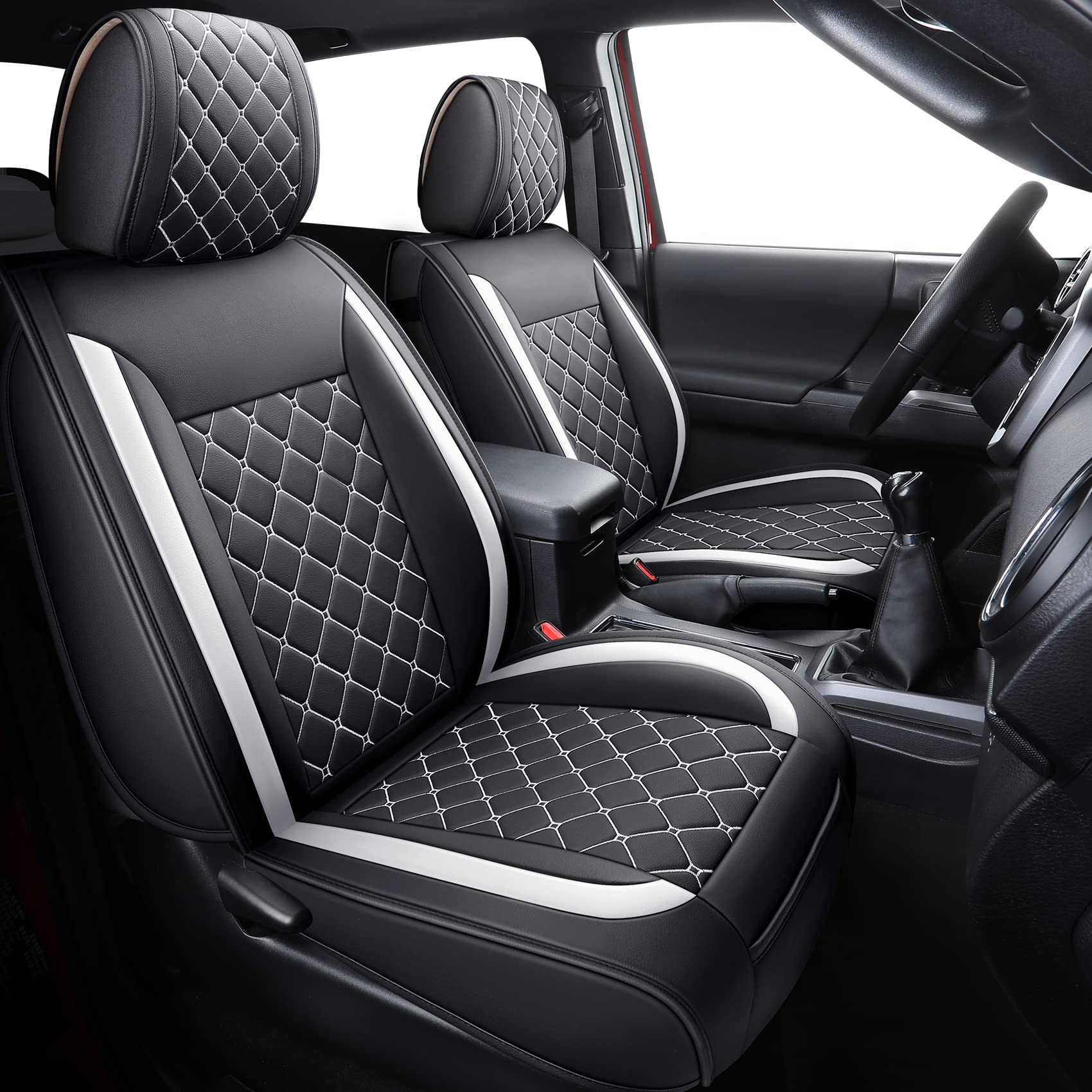 Tomatoman Tacoma Seat Covers Customized For 2005-2023 Sport Double Cab Sr V6 Pickup Truck, Waterproof Faux Leather Car Cushions(2 Pcs Front, Black-White)