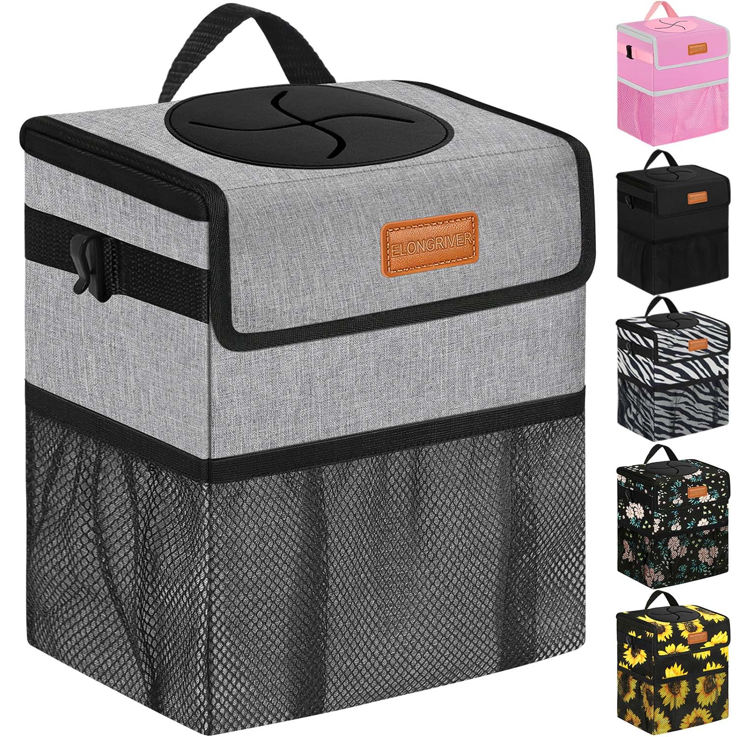 Elongriver Car Trash Can For Car With Lid Leak Proof, Cute Car Can Trash Bag Hanging, Vehicle Trash Can For Suv Truck Van, Car G