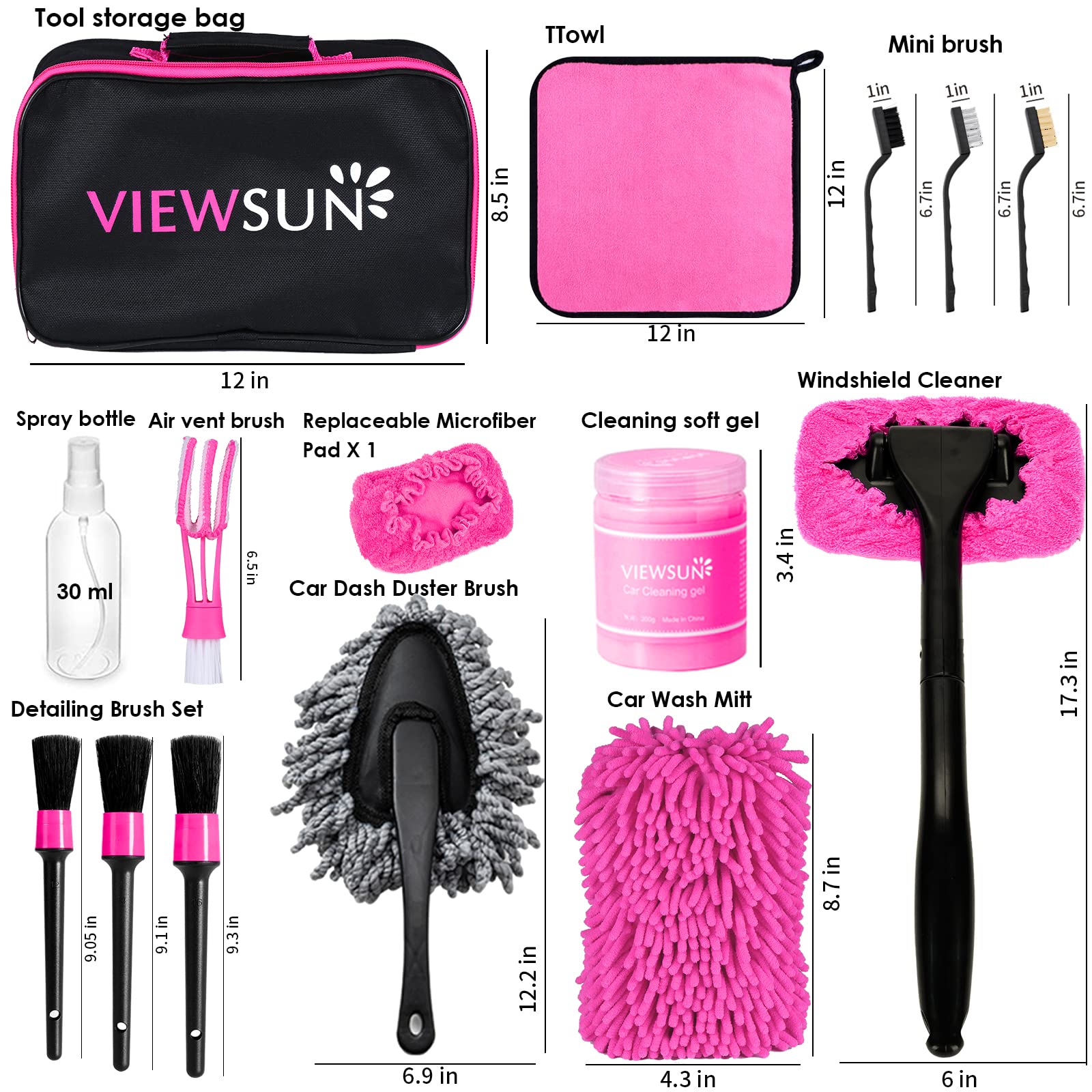 Viewsun 20PCS Pink Car Cleaning Kit, Microfiber Detailing Brushes, Drill Brush Set, Windshield Tool, Model LT0056