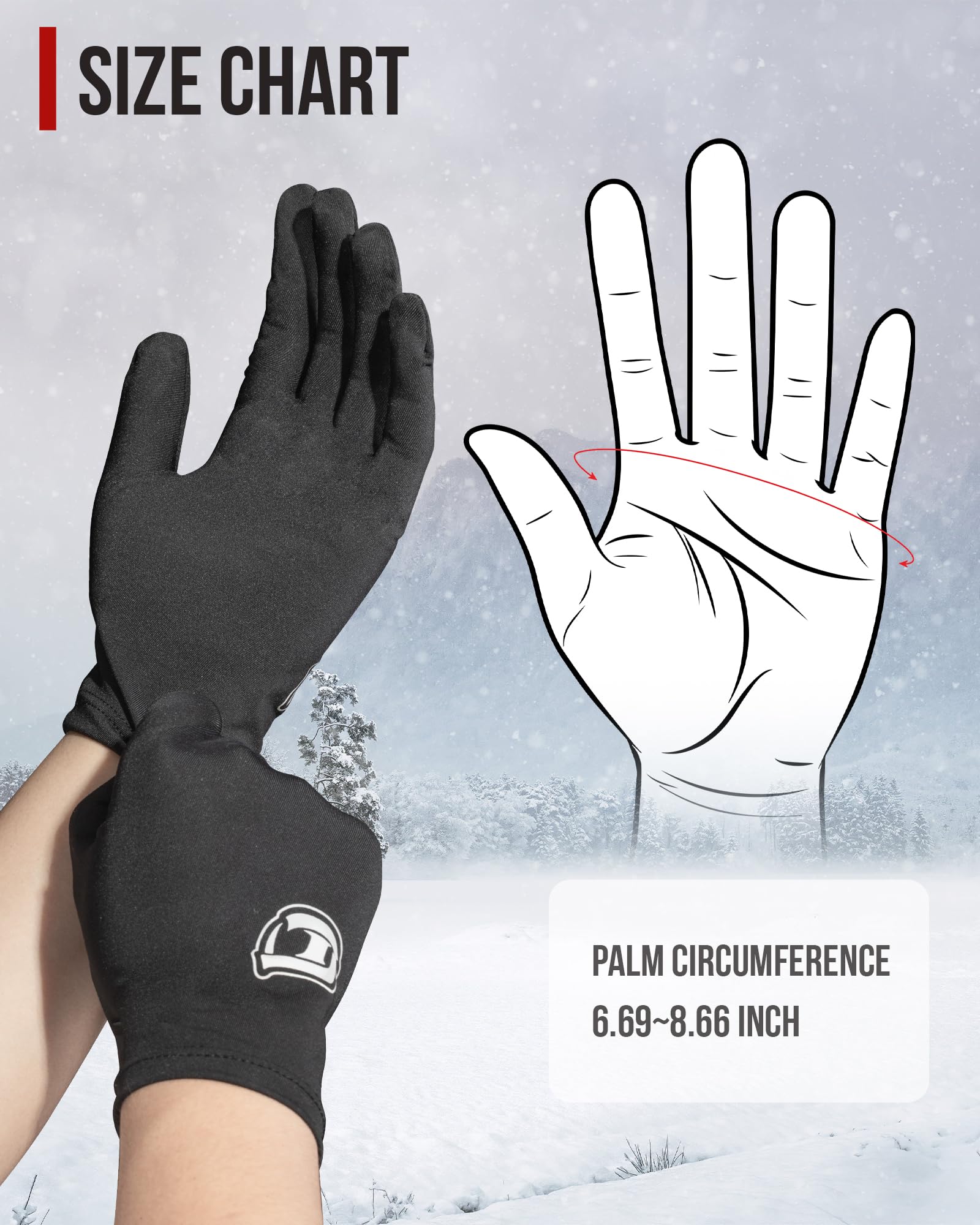 BORLENI Lightweight Glove Liners for Motorcycle, Cycling, Skiing - One Size, Black, Polyester, Model JIA11