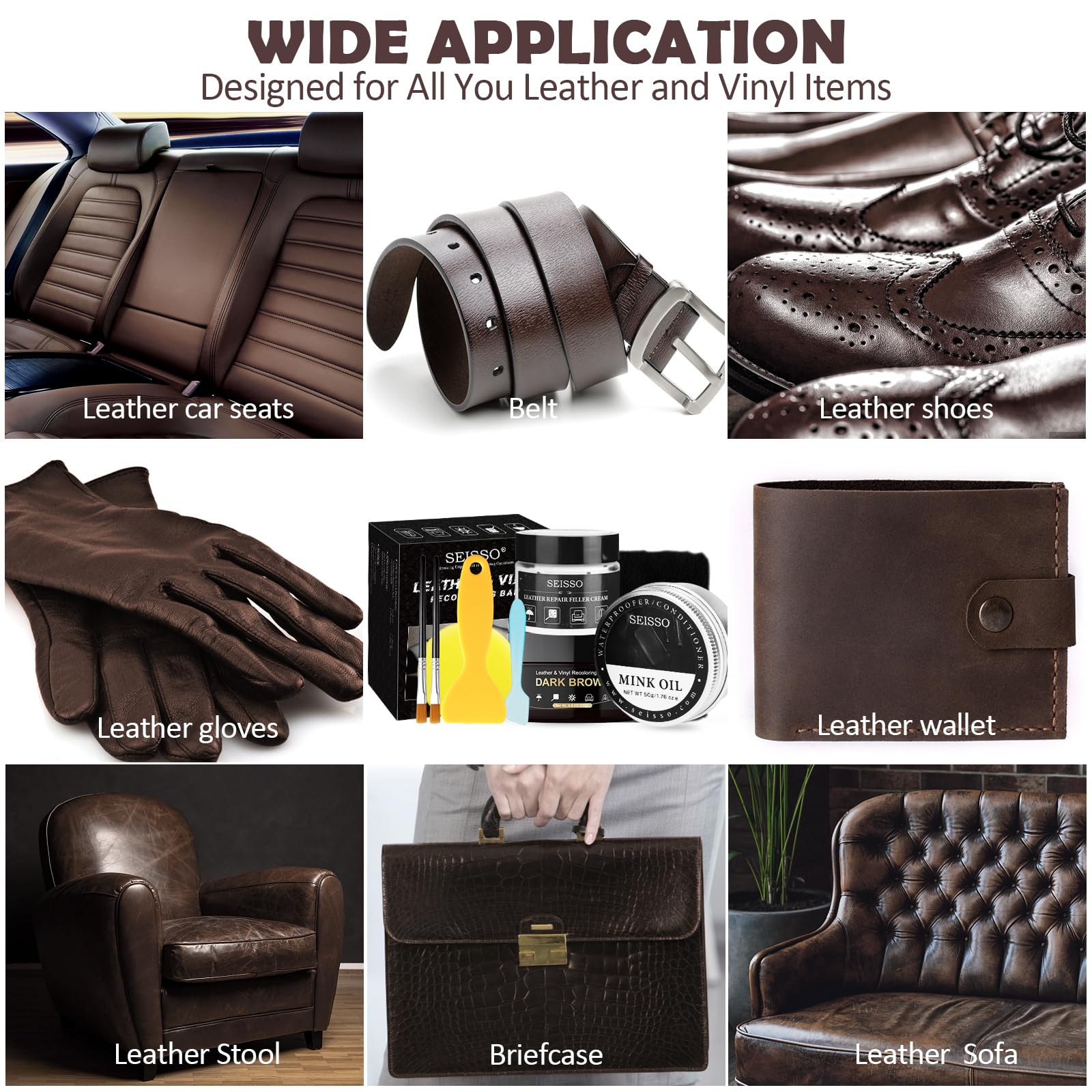 SEISSO Leather Repair Kit for Furniture, Dark Brown Vinyl Repair Kit with Mink Oil Car Interior Leather Recoloring Balm for Scra