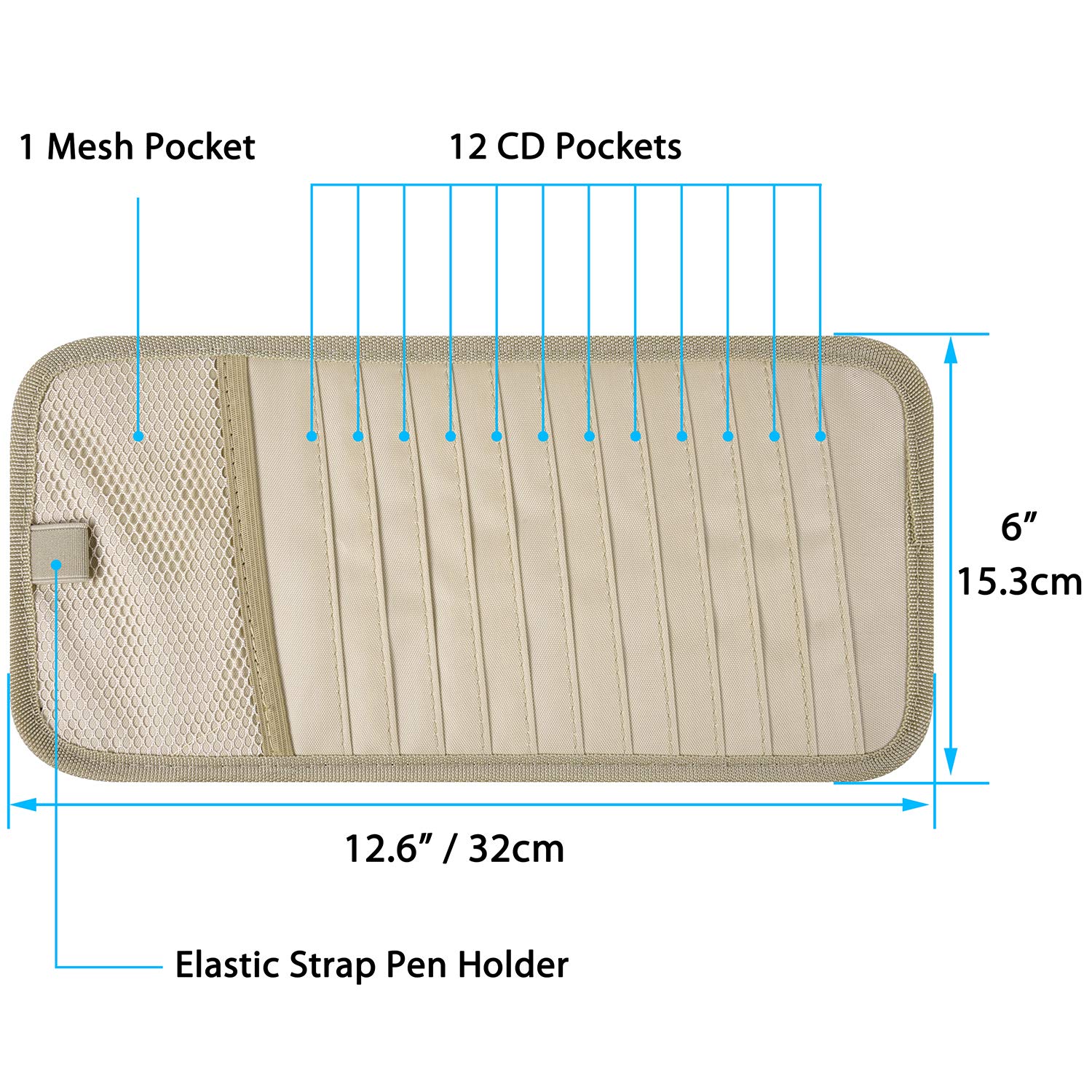 Wisdompro Car CD Case Holder, Khaki Vehicle Sun Visor Organizer with 12 DVD Sleeves, Mesh Pocket, Pen Holder, Model W-1xCarVisorCDHolder-Khaki