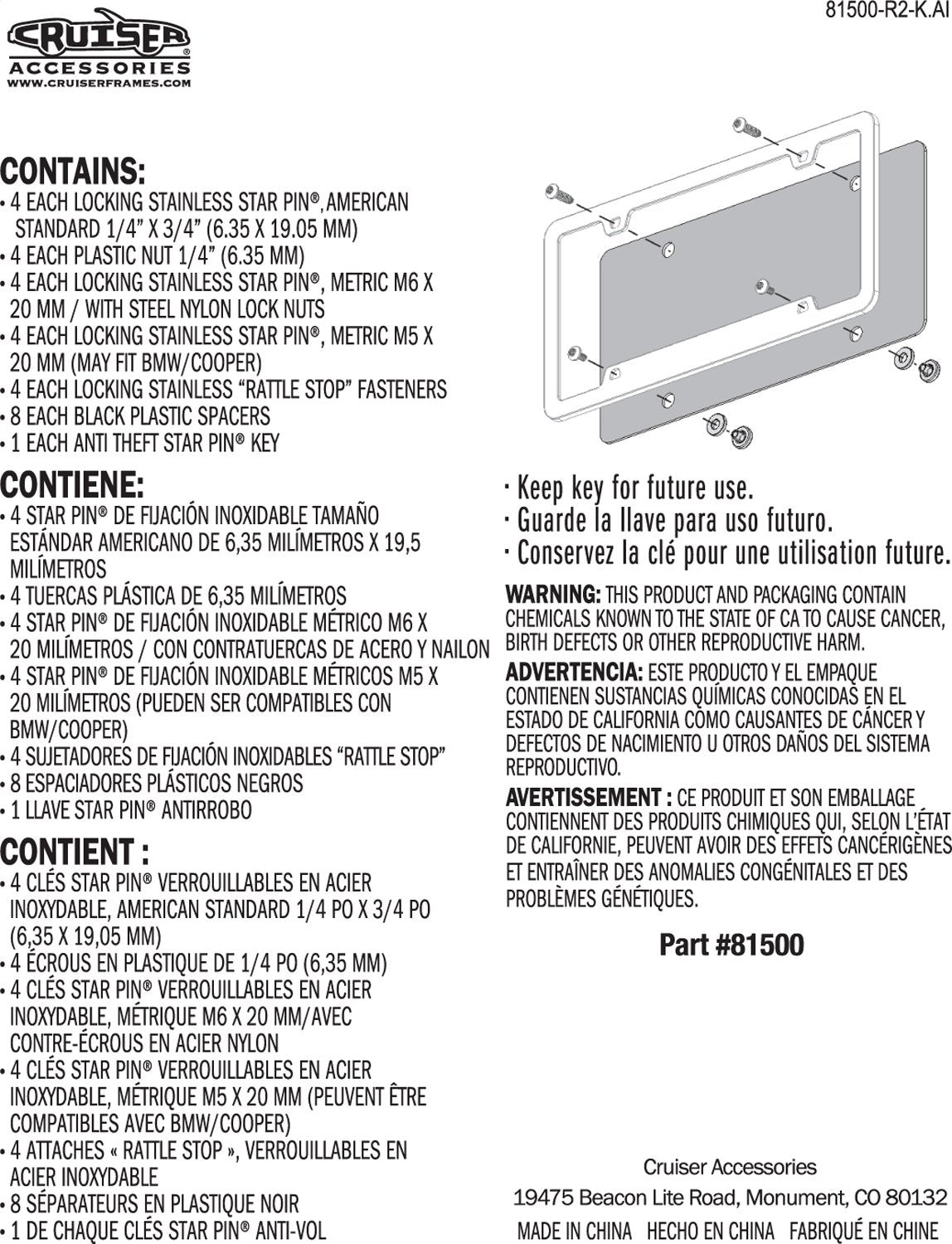 Cruiser Accessories 81500 Locking Fasteners License Plate Frame Hardware, Ultimate Kit-Stainless Star Pin