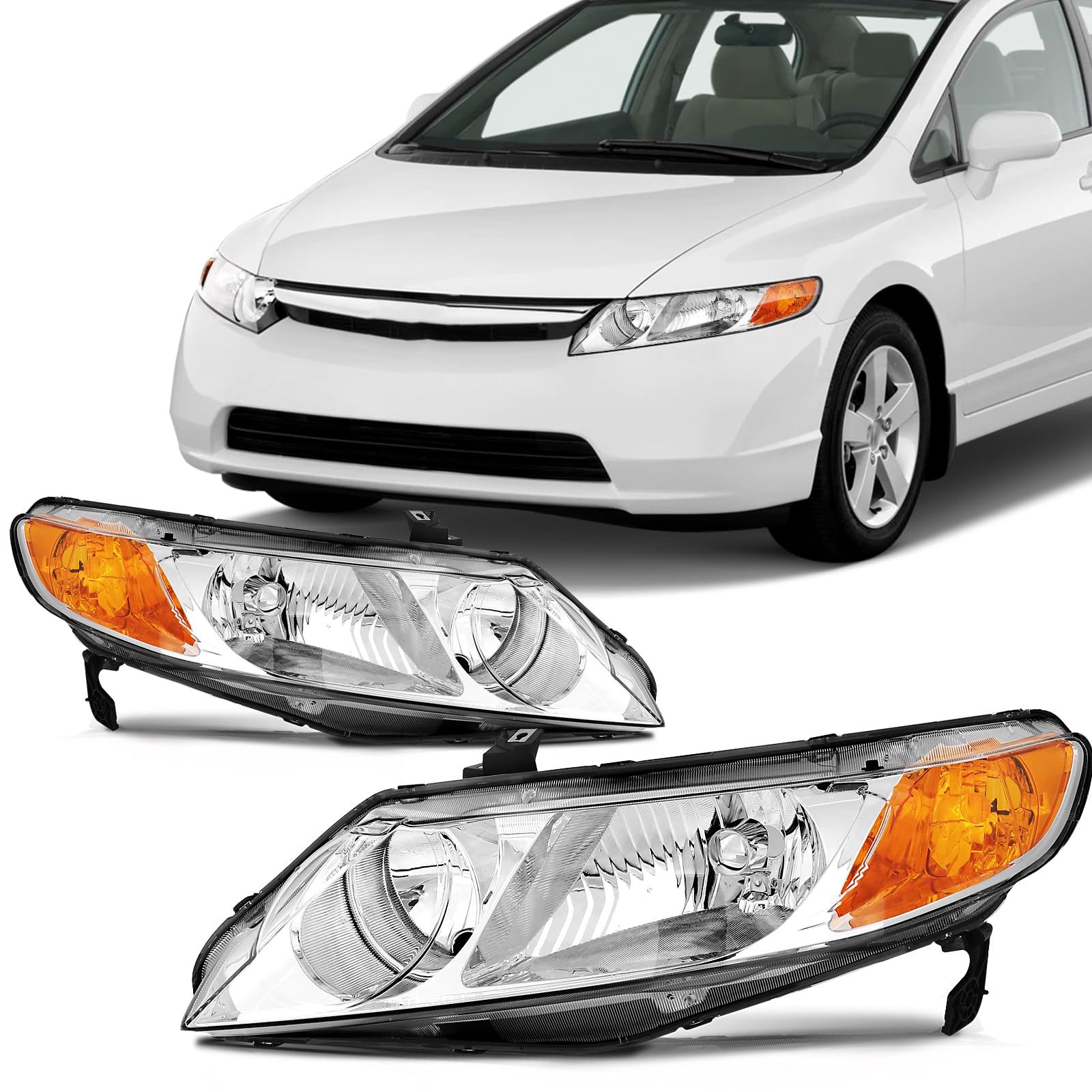 SCITOO Headlights for 2006 2007 2008 2009 2010 2011 for Honda Civic 4-Door Pair Headlight Assembly Chrome Housing Amber Reflecto