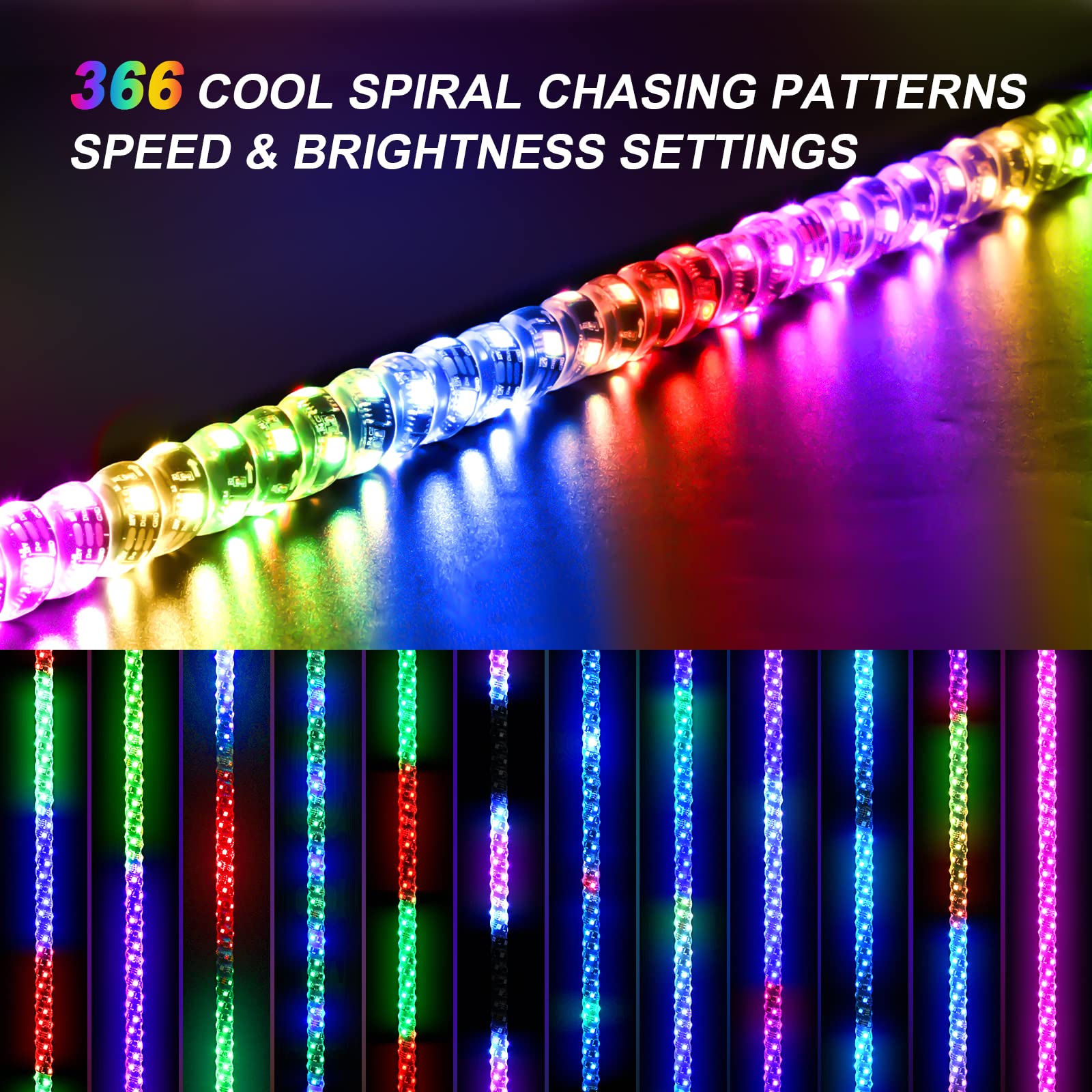 Ehaho 1 Pack 2FT Whip Lights,LED Whip Light with App & Remote Control, Spiral RGB Chasing Lighted Whips with Rocker Switch, Musi