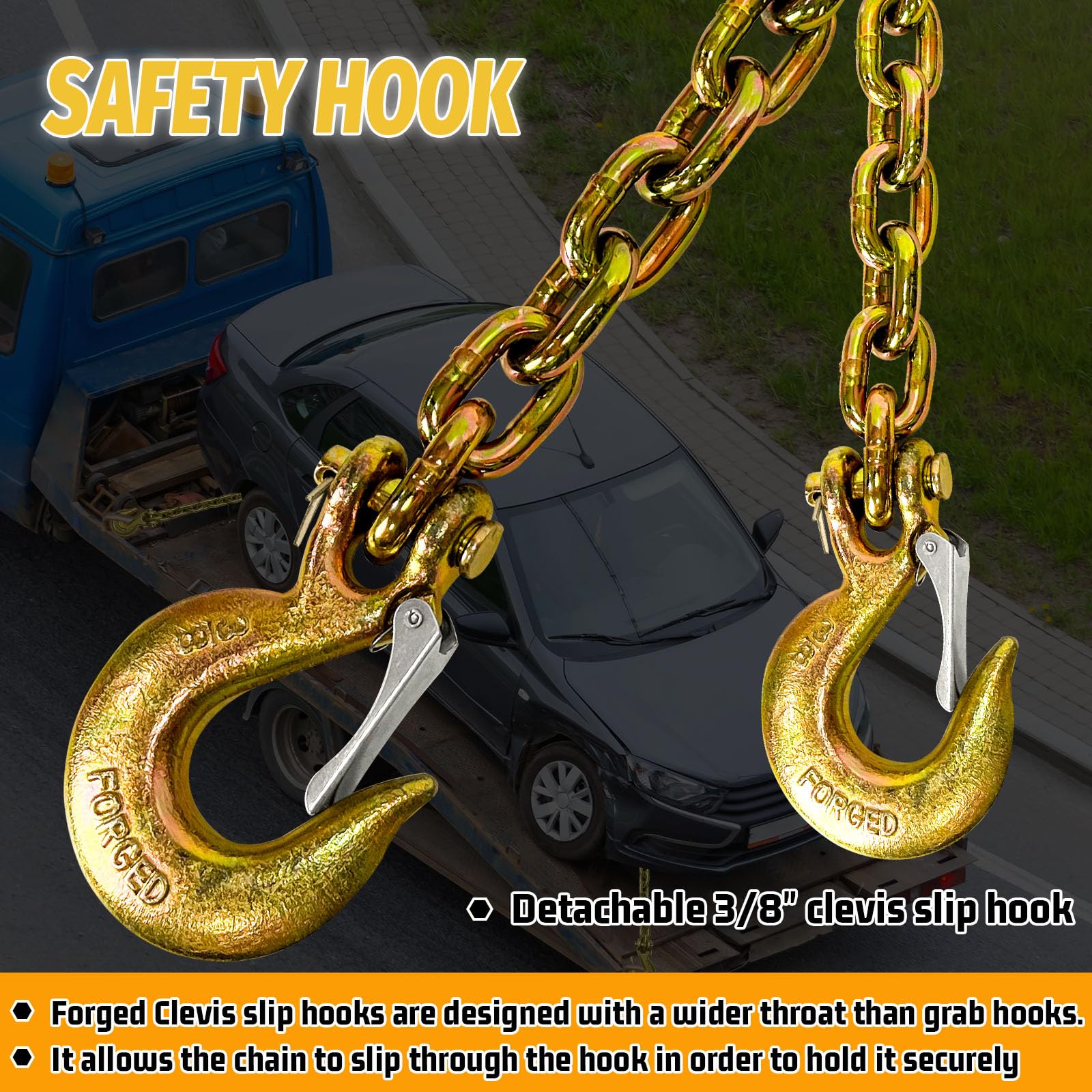 3/8'' Trailer Safety Chains G80 Trailer Chains With G70 Clevis Safety Hooks 35'' | 7100 Lbs Safety Working Load 27000 Lbs Break