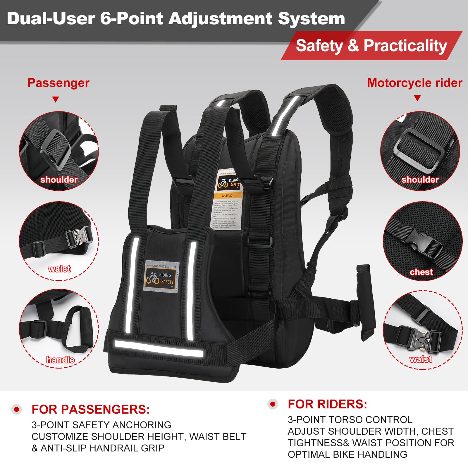 TOKCKYBL Upgraded Motorcycle Safety Harness for Kids & Adults - Adjustable Design