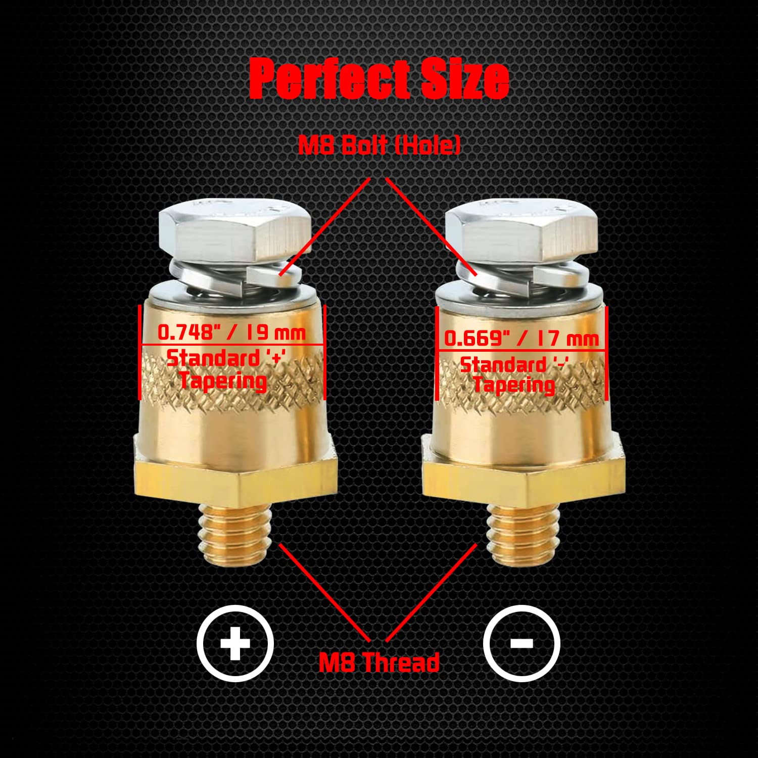 Ampper M8 Thread Male Brass Battery Charging Post Terminals, M8 Battery Post Adapter (+/-) With Top Bolts For Extension, Pack Of