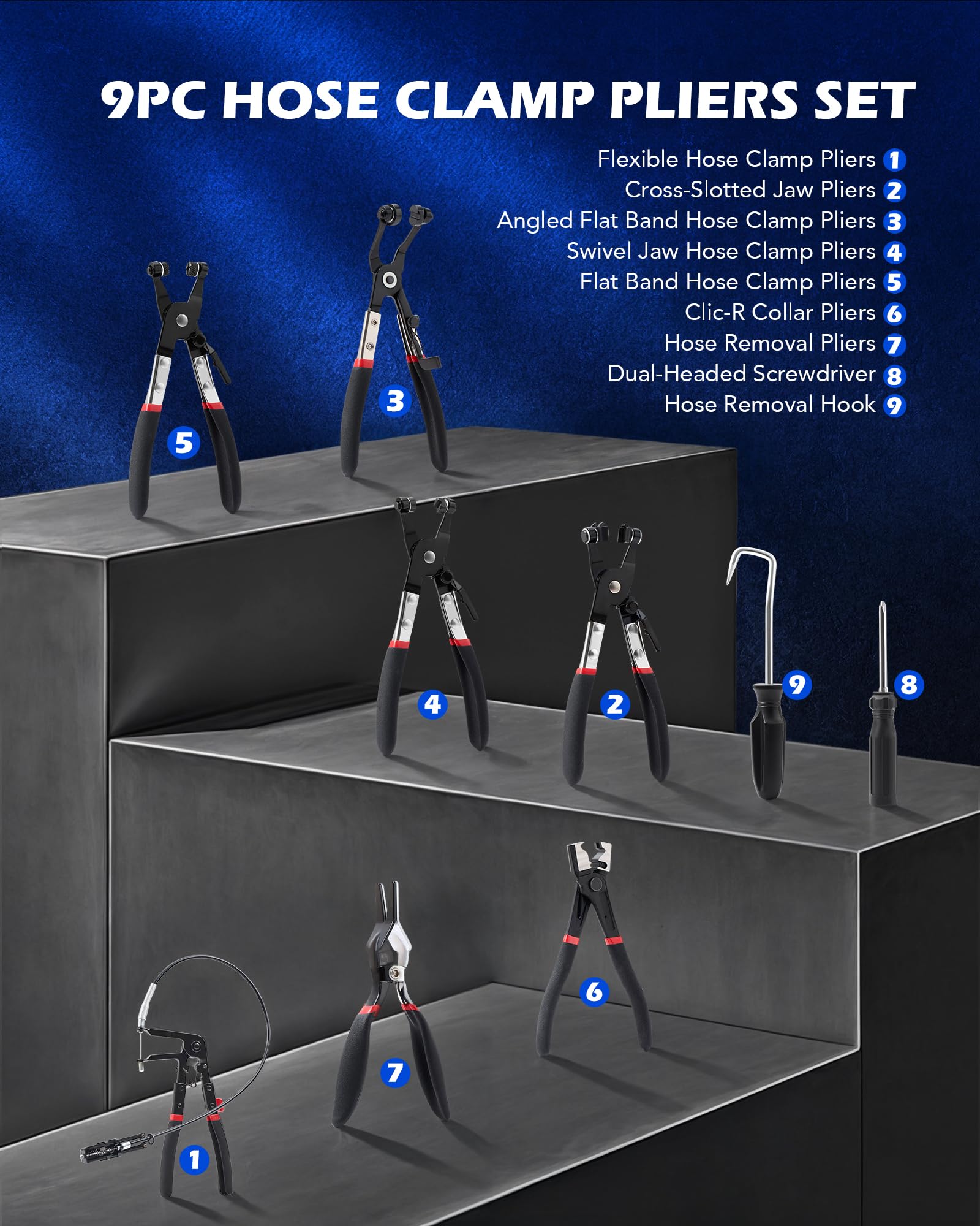 Orion Motor Tech 9pc Hose Clamp Pliers Set - Flexible Wire, Long Reach Swivel Jaw, Alloy Steel, Black, Model GSQ-0009-00