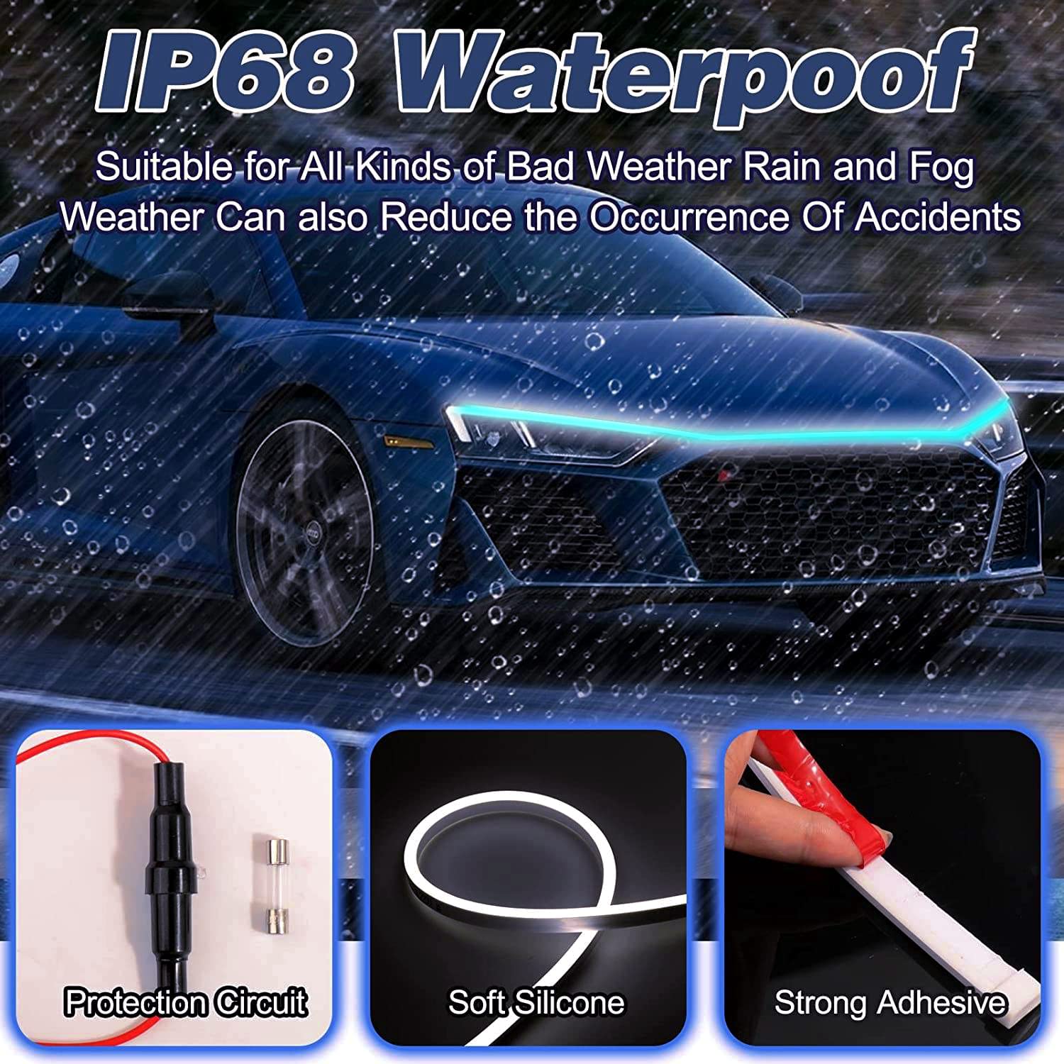 Car Hood Light Strip, 70 Inch Led Strip Lights For Car, Universal Engine Hood Guide Decorative Light Bar, 12V Flexible Headlight