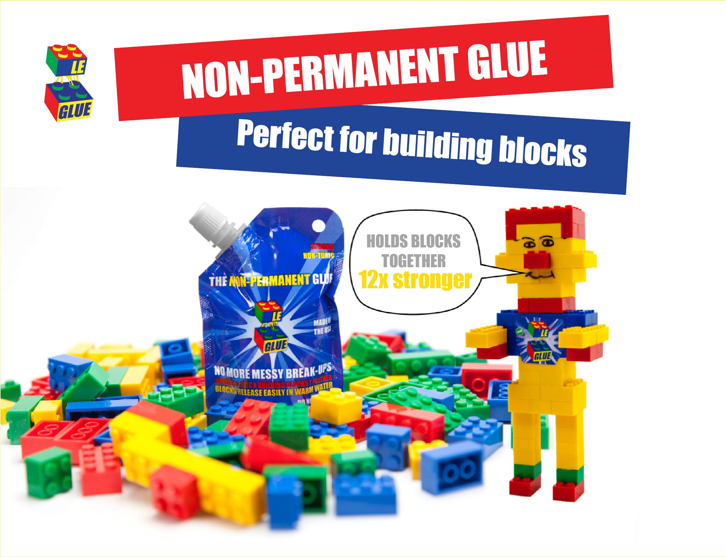 Le-Glue Temporary Adhesive - 3 Pack, Clear, Non-Toxic, Safe for Kids, Ideal for Plastic Building Blocks