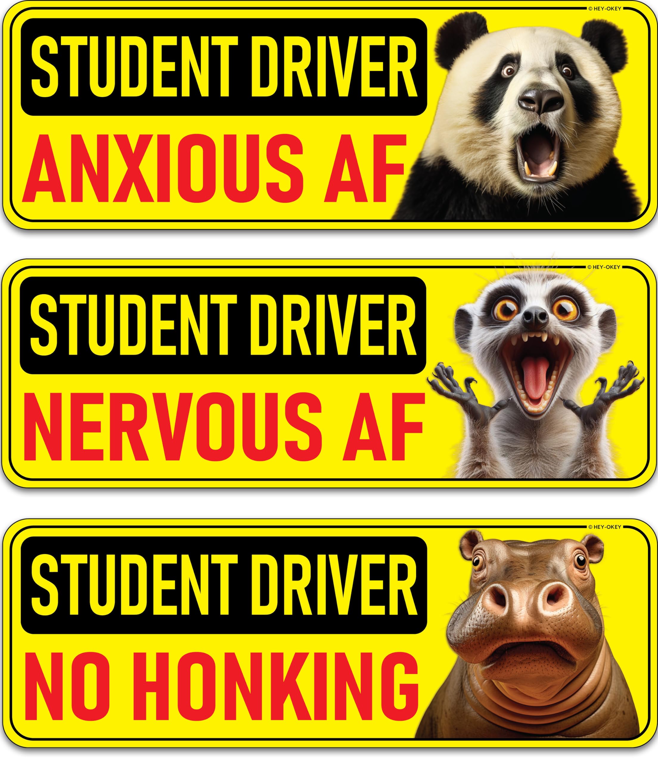 3-Pack HEY-OKEY Student Driver Magnet for Car - Metal Only (Not for Plastic/Aluminum) - Funny Animals Please Be Patient Reflecti