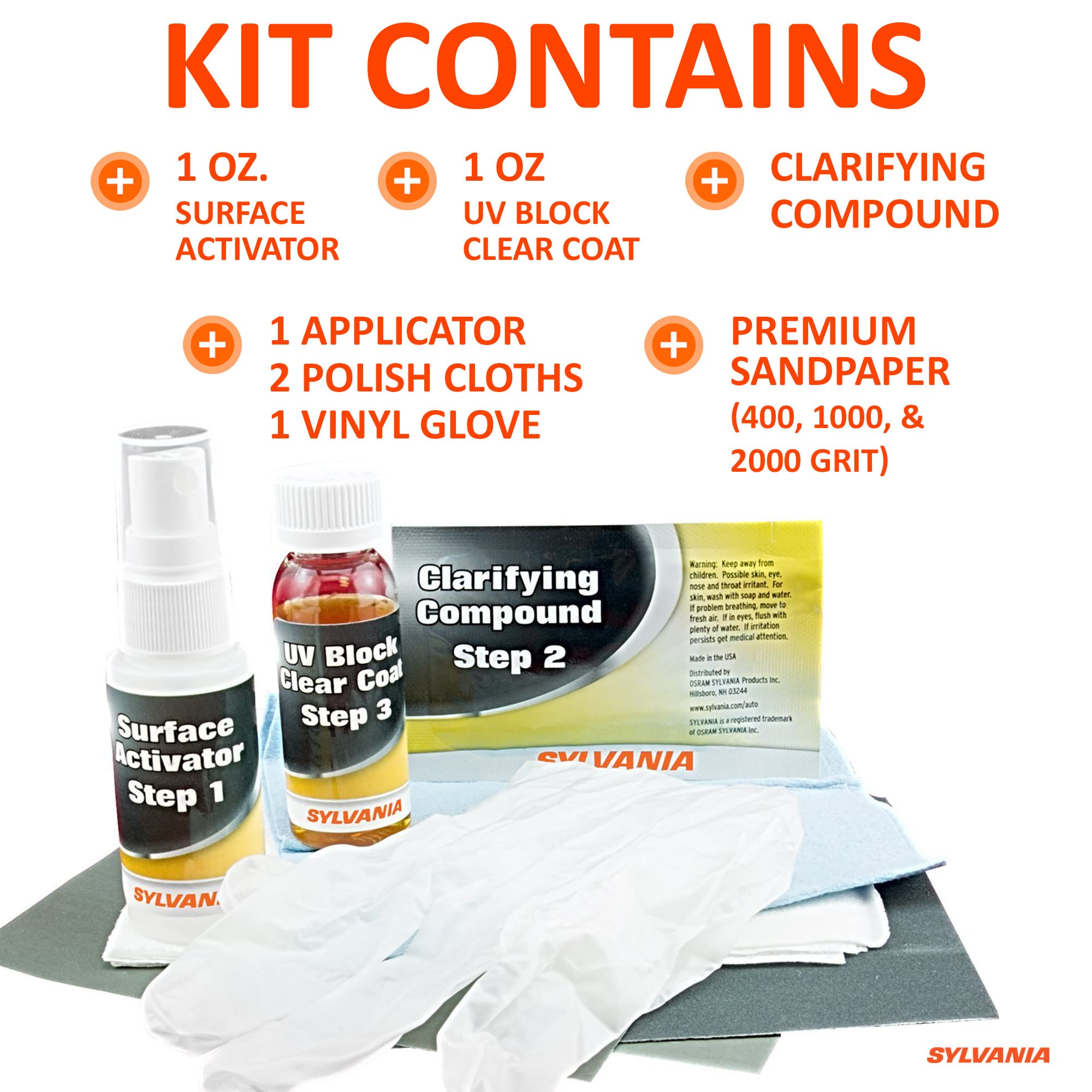 SYLVANIA Headlight Restoration Kit - Restore Sun Damaged Headlights, UV Block Clear Coat, Model HRK.BX