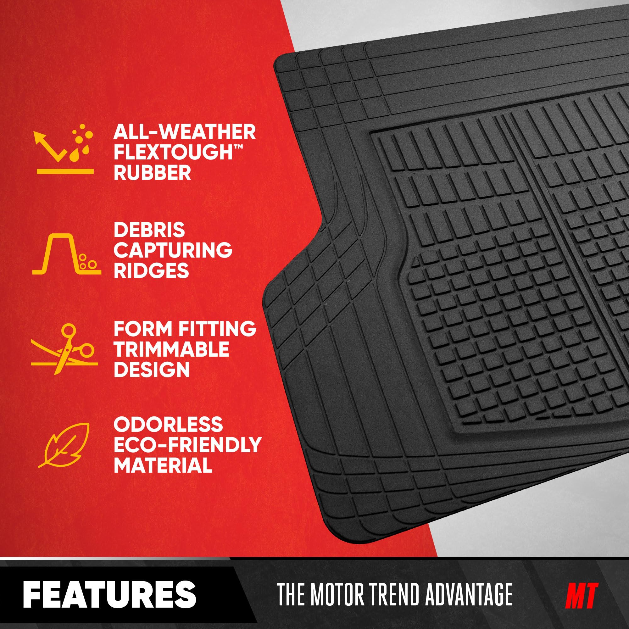 Motor Trend FlexTough Contour Liners Deep Dish 3 pc Rubber Floor Mats & Trimmable Trunk Liner Cargo Mat - Heavy Duty All Weather