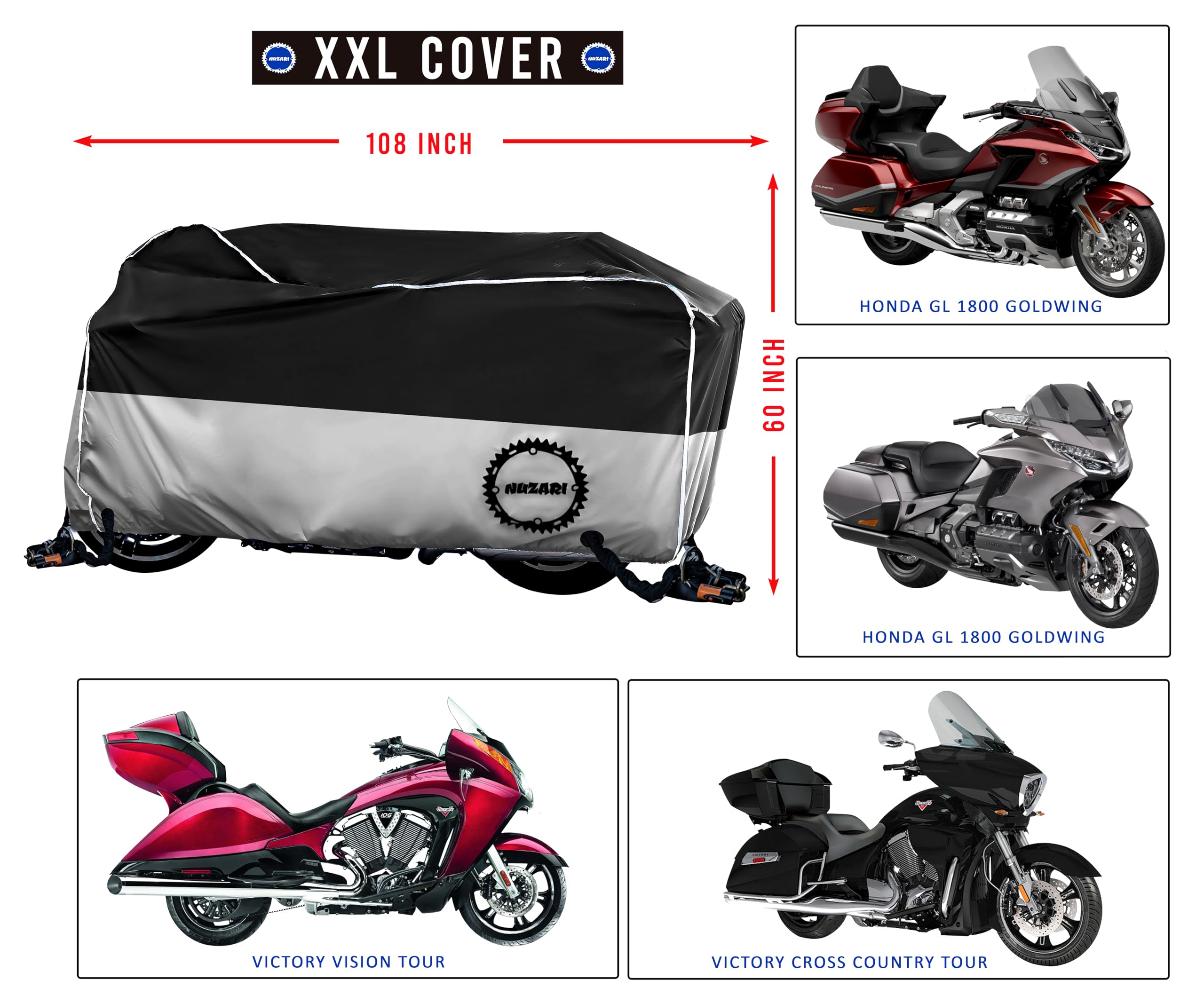 Heavy Duty Motorcycle Cover, Totally Breathable, Reflective Strips, Elastic Bottom, Luggage Strap, Lockable Grom, Durable Sewn C