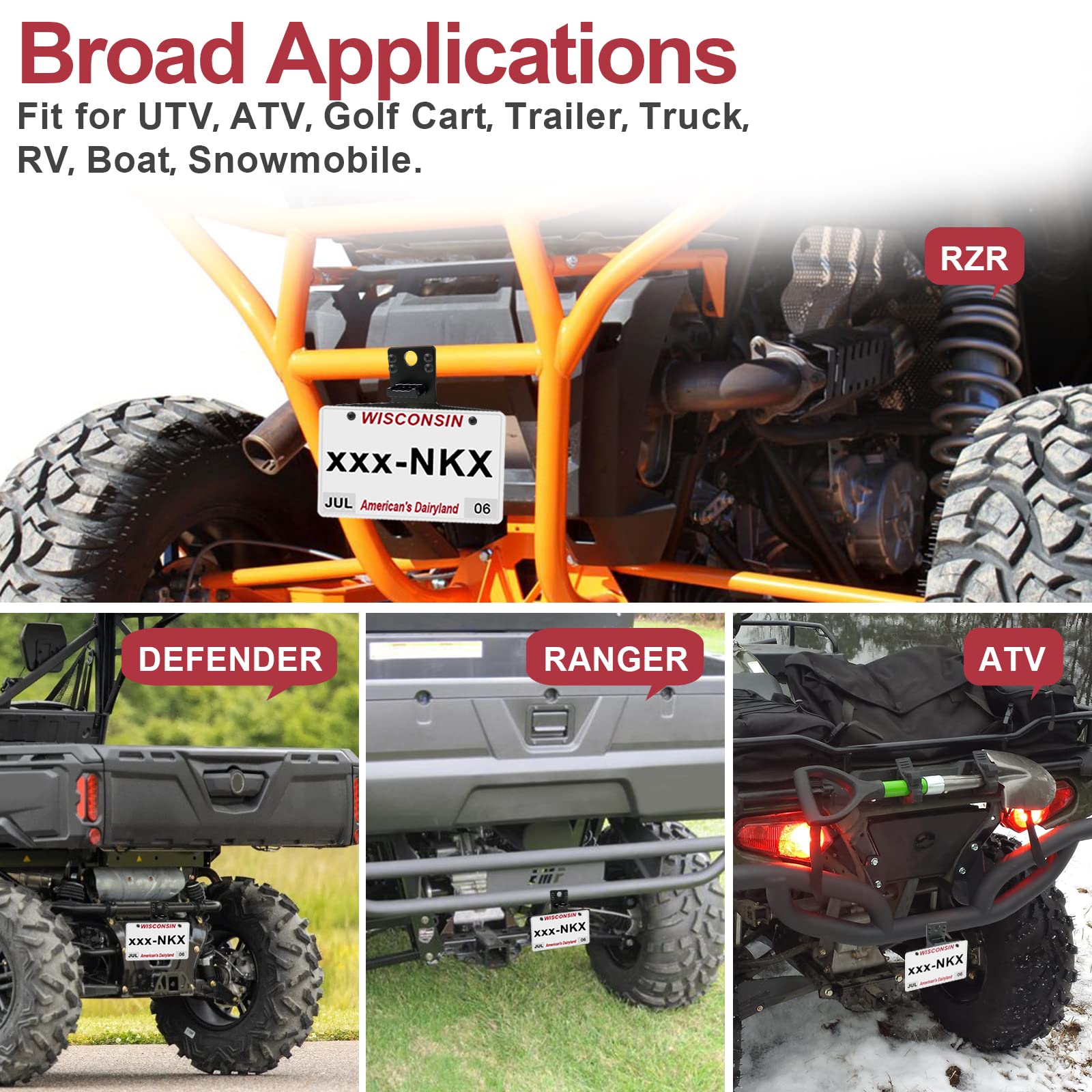 ATV UTV License Plate Holder with Light - StarknightMT Aluminum UTV License Plate Frame Compatible with Polaris RZR Ranger Sport