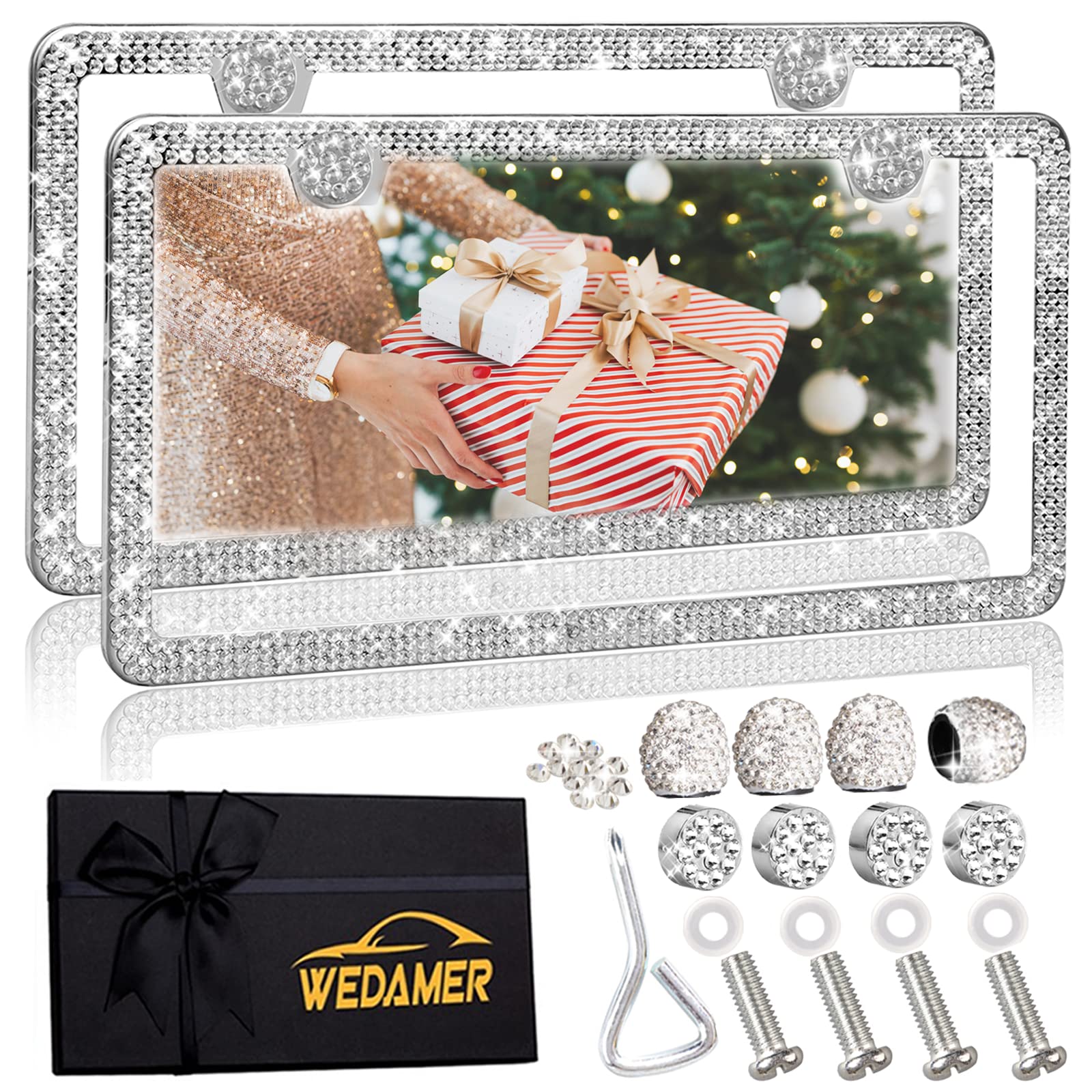 Wedamer 2 Pack Bling License Plate Frames For Women, Sparkly Rhinestone License Plate Frame Diamond License Plate Frame Glitter