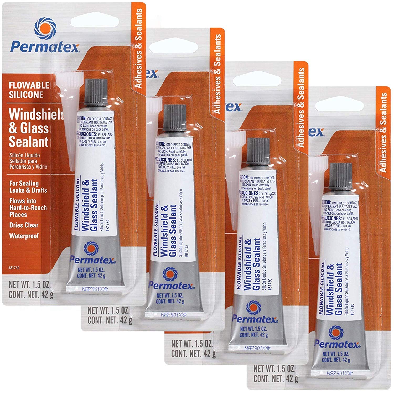 Permatex 4-Pack Flowable Silicone Windshield & Glass Sealer, 1.5 oz, Clear, Waterproof