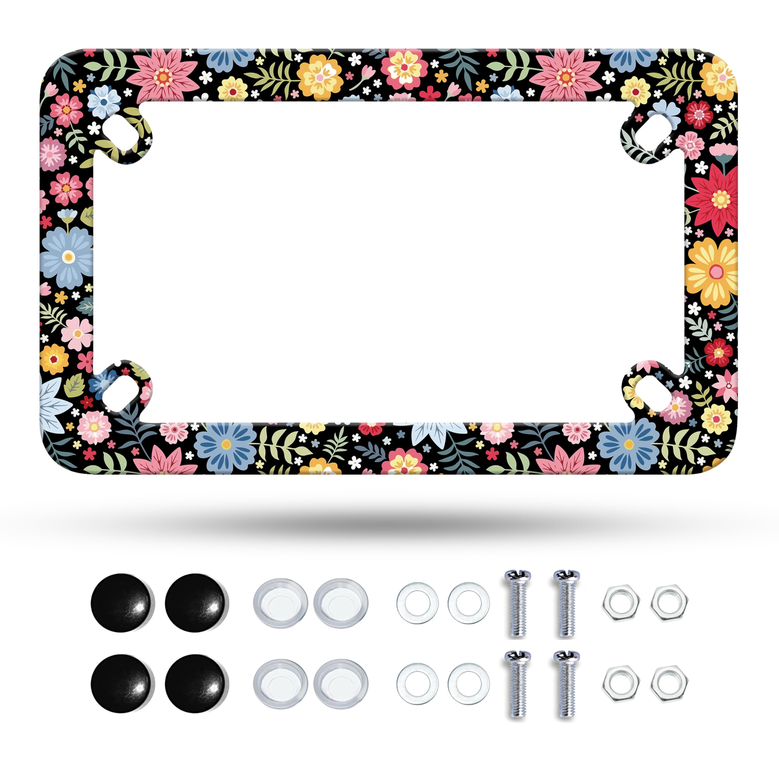 Motorcycle Folk Art Flowers License Plate Frame Colorful Floral Stainless Steel Material Funny Motorbike License Plate Holder Mo