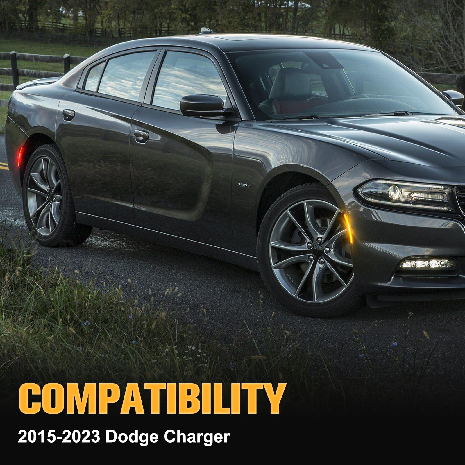 Gempro LED Side Marker Lights for Dodge Charger 2015-2023, Smoked Lens, Amber Red, 4PCS, Model 73816-1+73819-1