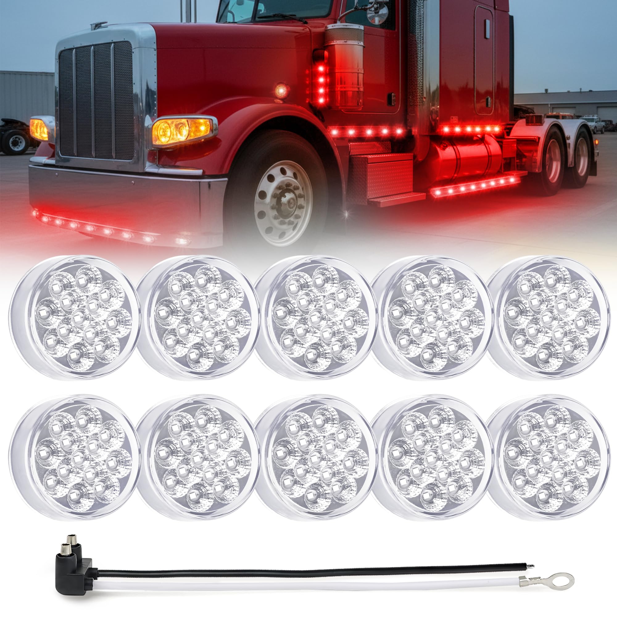 MADCATZ 10Pcs of 2.5    Mini Round Clear Lens Red LED Marker Lights 13 Diodes w/2-Prong Pigtail, Sealed Waterproof 12V DC for Tr