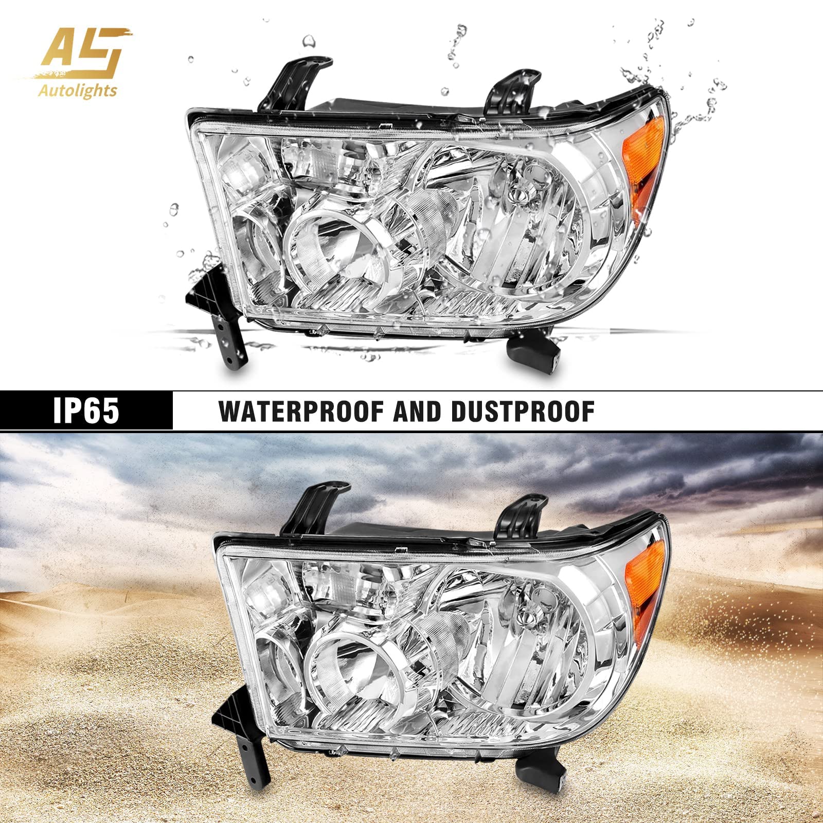 AS Headlights Assembly for 2007-2013 Toyota Tundra & 2008-2017 Sequoia, Chrome Housing, Model TTU07, Without Headlight Leveling/Wash