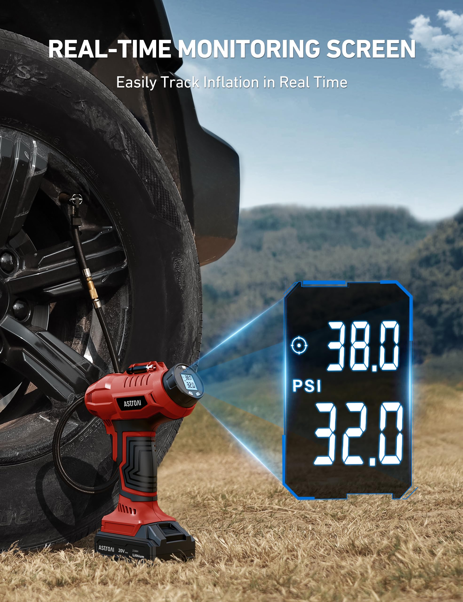 Astroai C2 Cordless Tire Inflator Air Compressor 20V Rechargeable Battery Powered 160Psi Portable Air Pump With 12V Car Power Ad