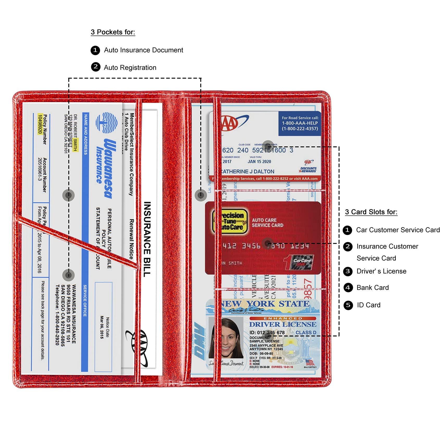 TOURSUIT Car Registration & Insurance Card Holder, Faux Leather, Glitter Red, Model CR01, Organizer for Vehicle Documents