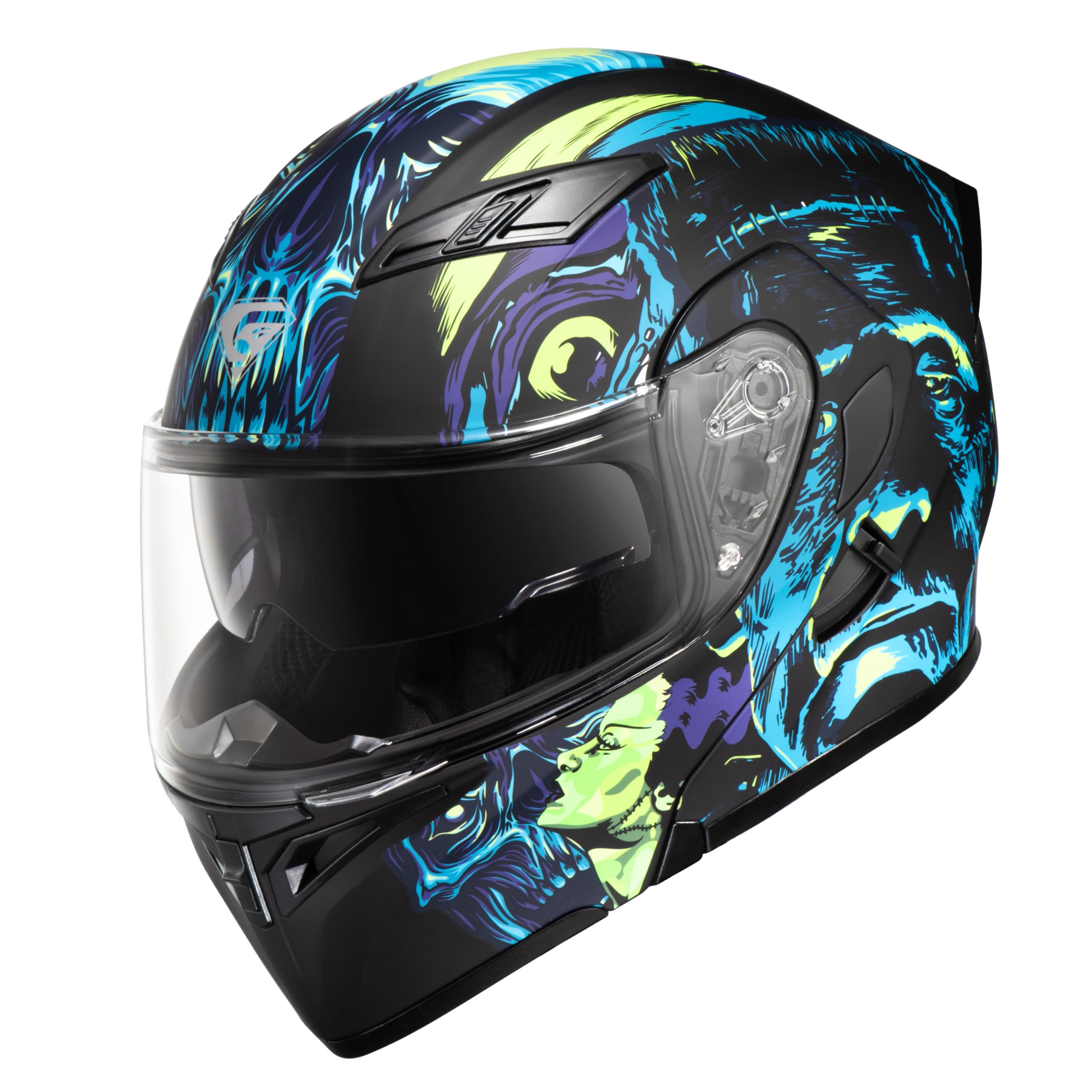 Kypara Motorcycle Dual Visor Flip Up Modular Full Face Helmet With Dot Certification Of Impressionism (Frankenstein, L)