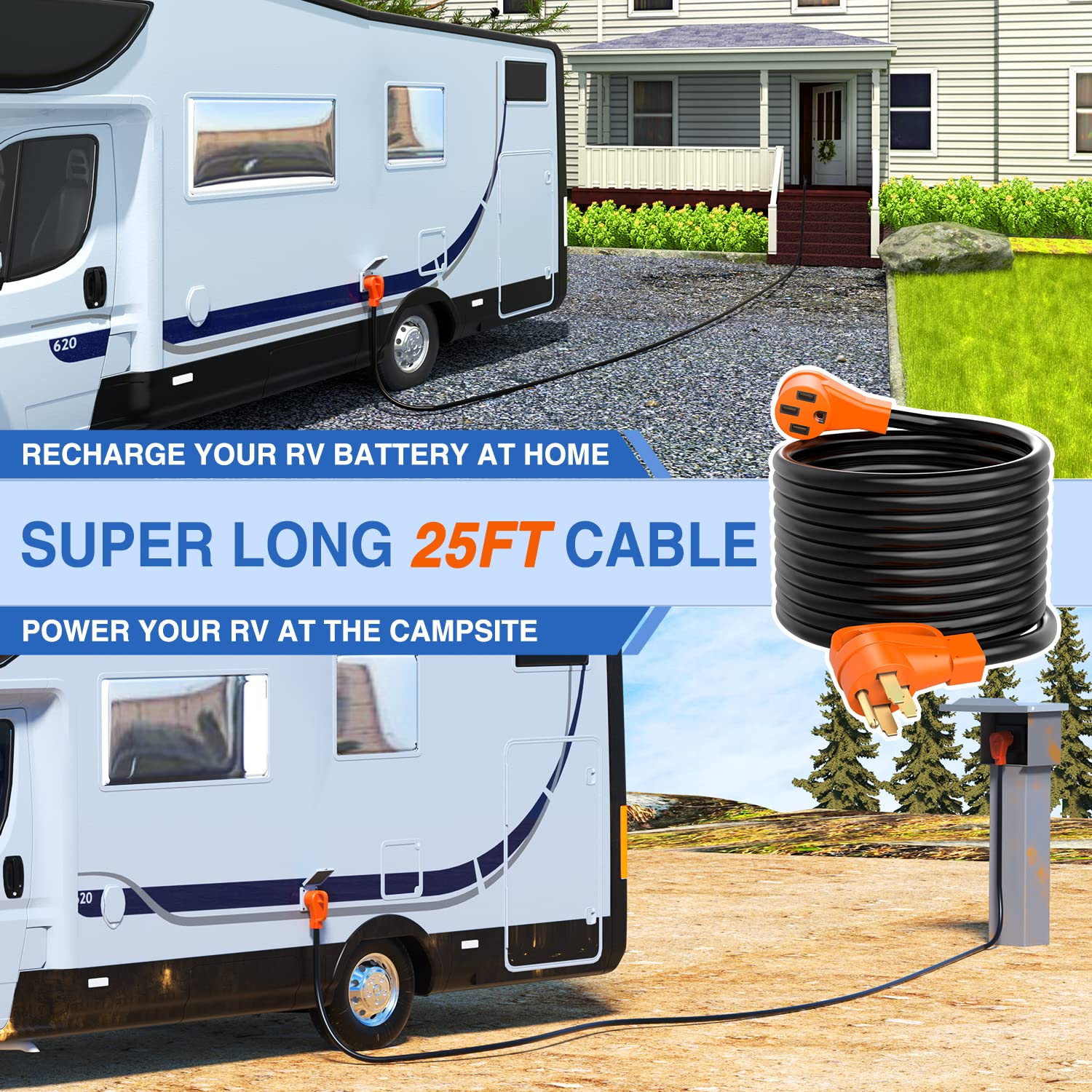 Nilight 50 Amp 25Ft Rv Ev Extension Cord 250V Heavy Duty 6/3+8/1 Gauge Pure Copper Stw Wire Ul Etl Listed 4 Prong 14-50P 14-50R