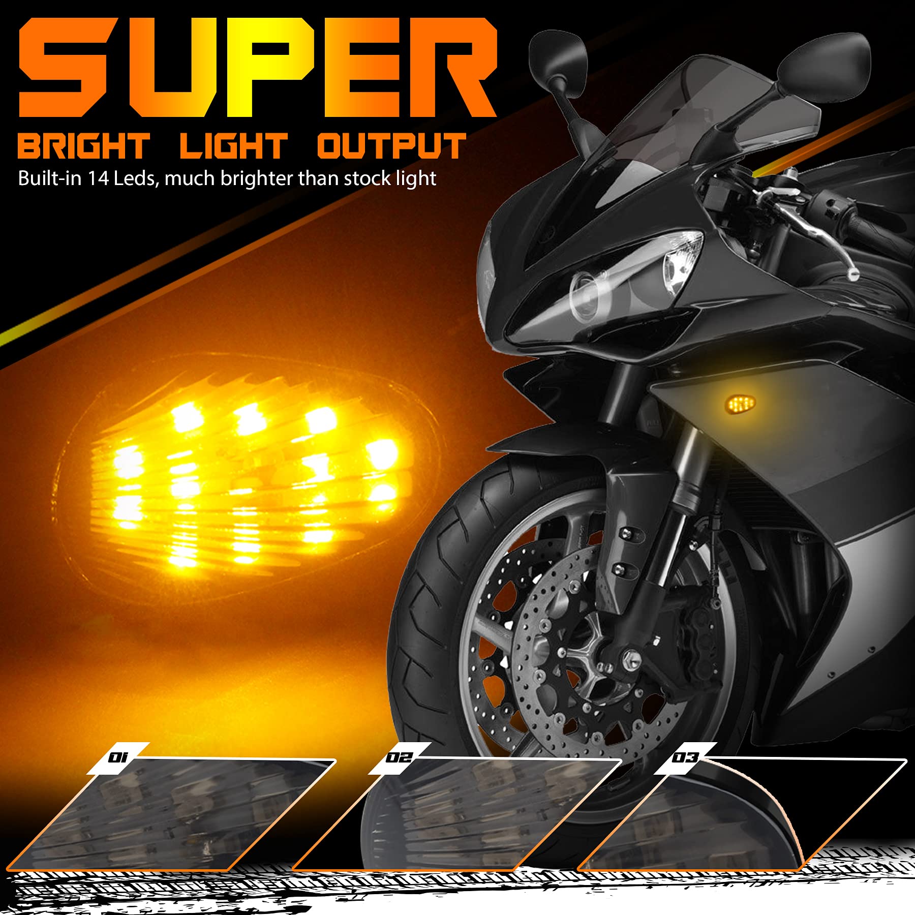 QUASCO Flush Mount Motorcycle Turn Signals Smoked Lens led Blinkers Compatible with Yamaha YZF R1 R3 R6 R6S FJ 09 FZ MT 07 09, A