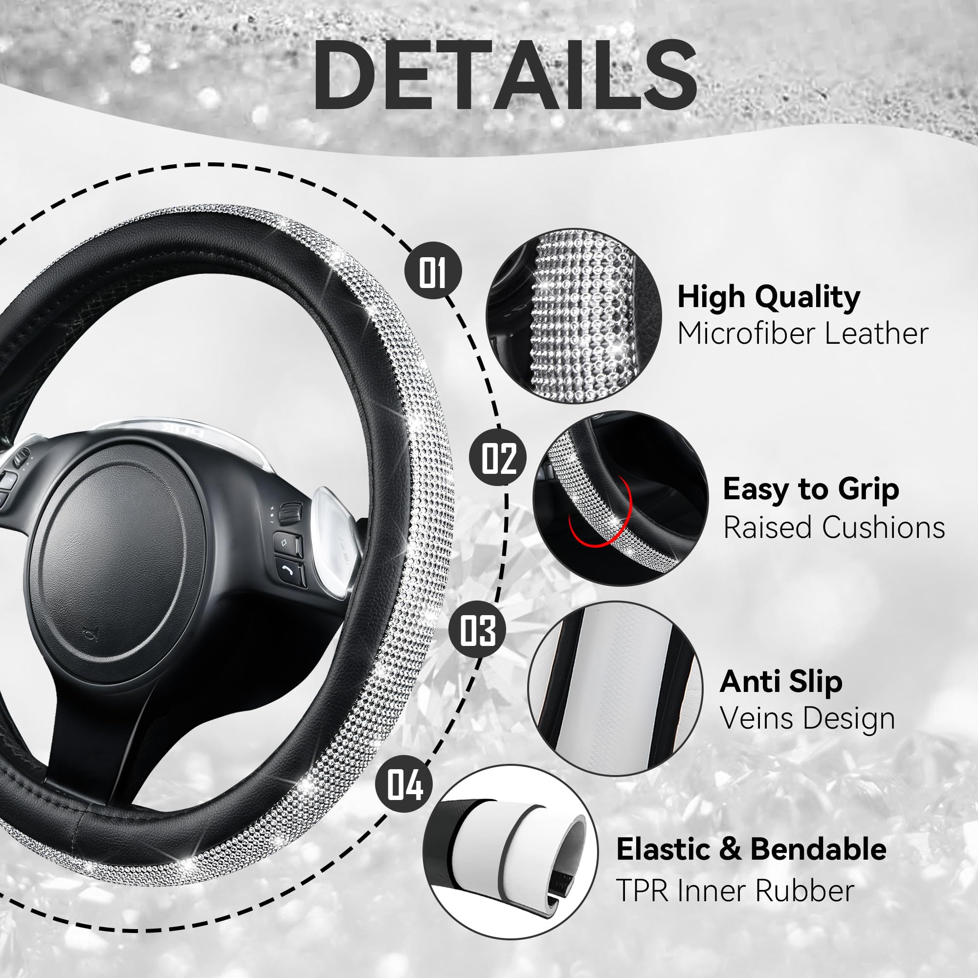 CAR PASS Bling Diamond Car Accessories Set, 30 PCS Leather, Silver, Includes Steering Wheel Cover, License Plate Frame, and Phone Holder