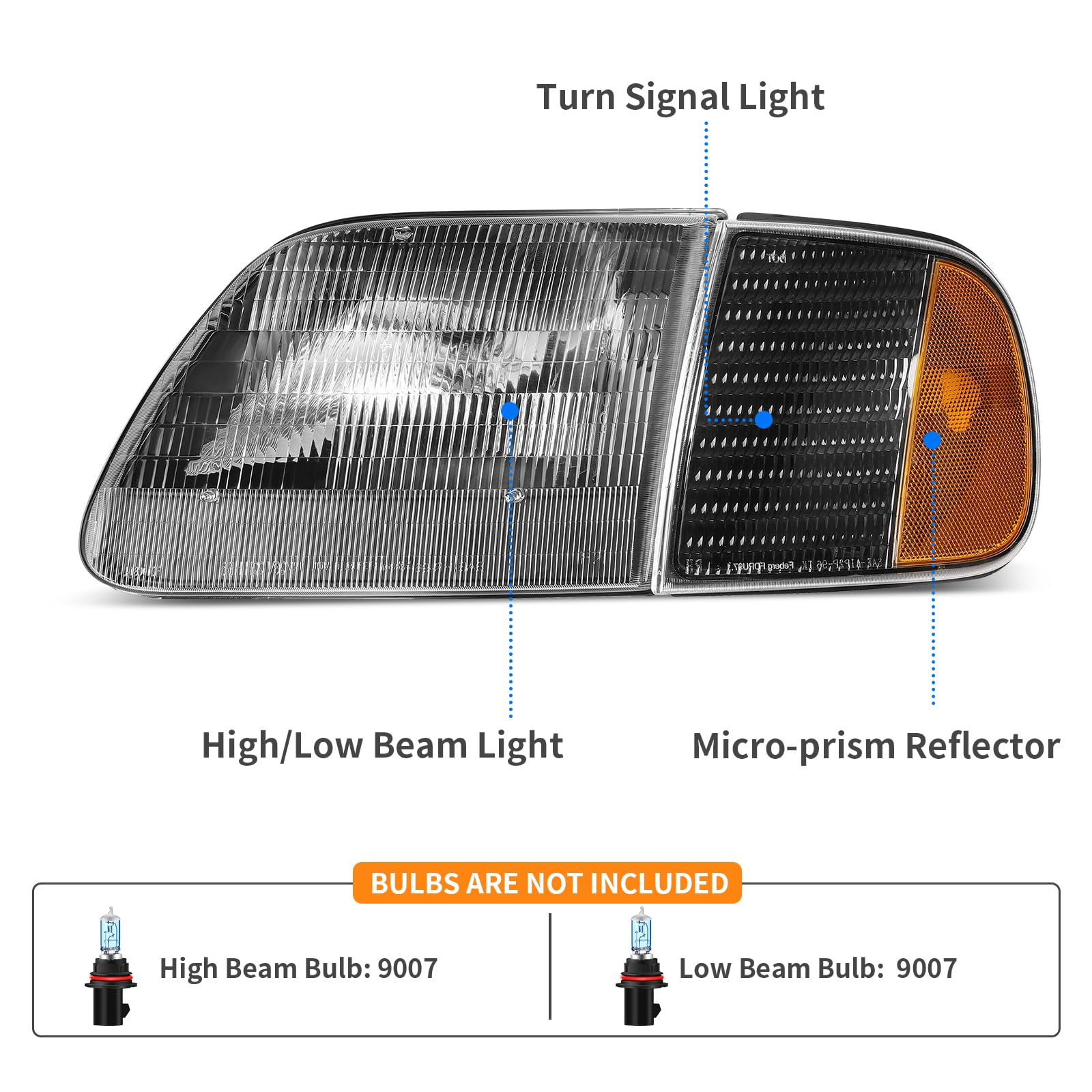 Dwvo Headlight Assembly Compatible With 1997-2003 Ford F-150 Pickup/1997-2002 Ford Expedition Headlamp With Corner Light Black Housing Amber Reflector