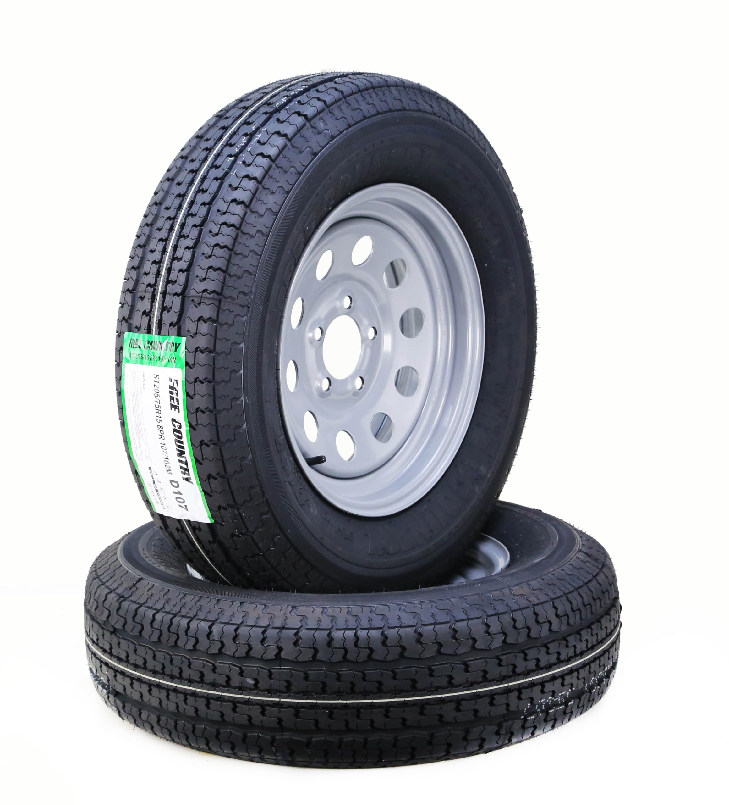 Free Country Trailer Tire Wheel Assembly St205/75R15 8-Ply D 107M 5 Lug On 5'' Pcd Silver Mod Rim, Set 2