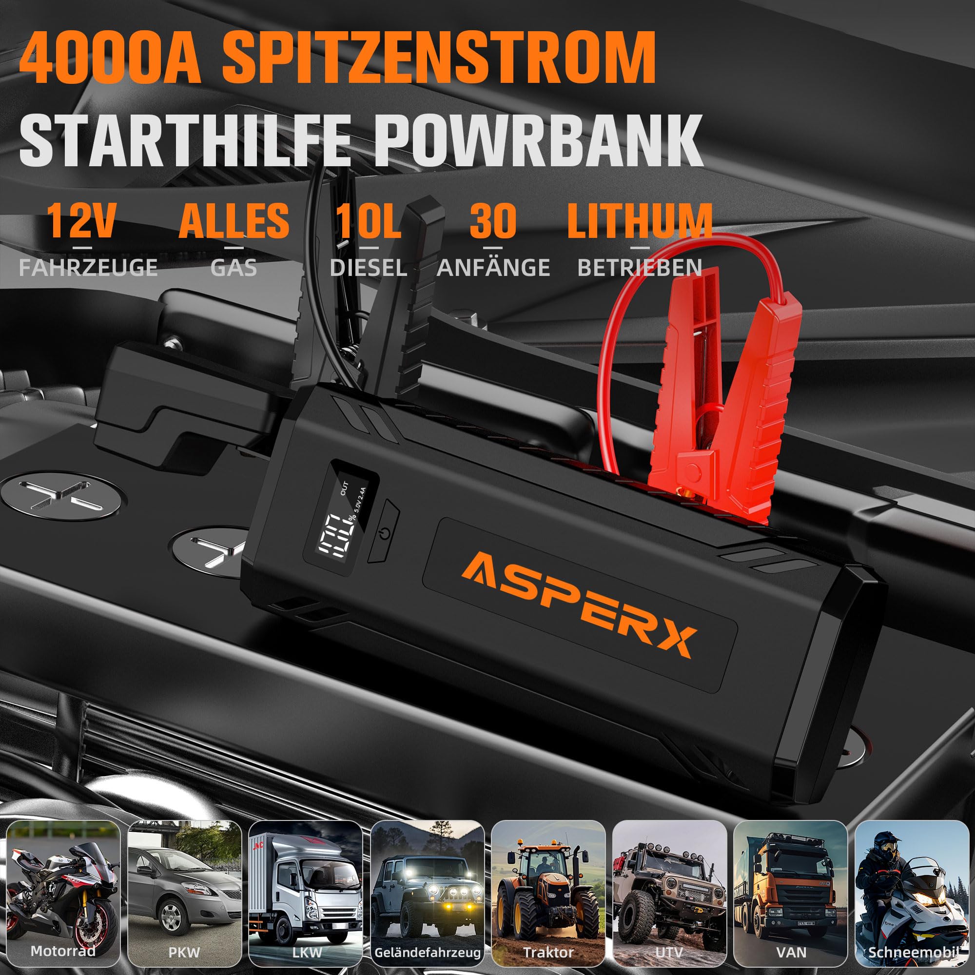 AsperX Car Jump Starter 4000A for Gas/Diesel Engines, 12V Lithium Battery Booster with LED Light, Model AX4000, Ink Color