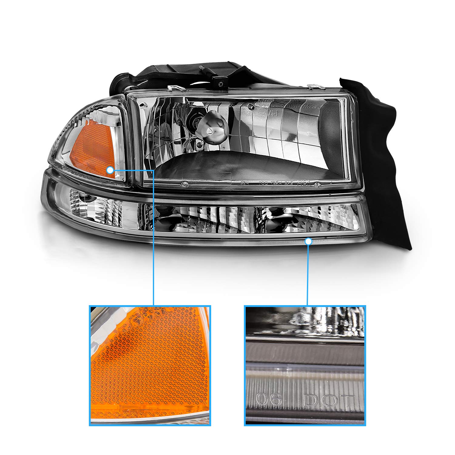Amerilite Chrome Replacement Headlights Corner/Parking Sets For Dodge Dakota/Durango Driver And Passenger Side