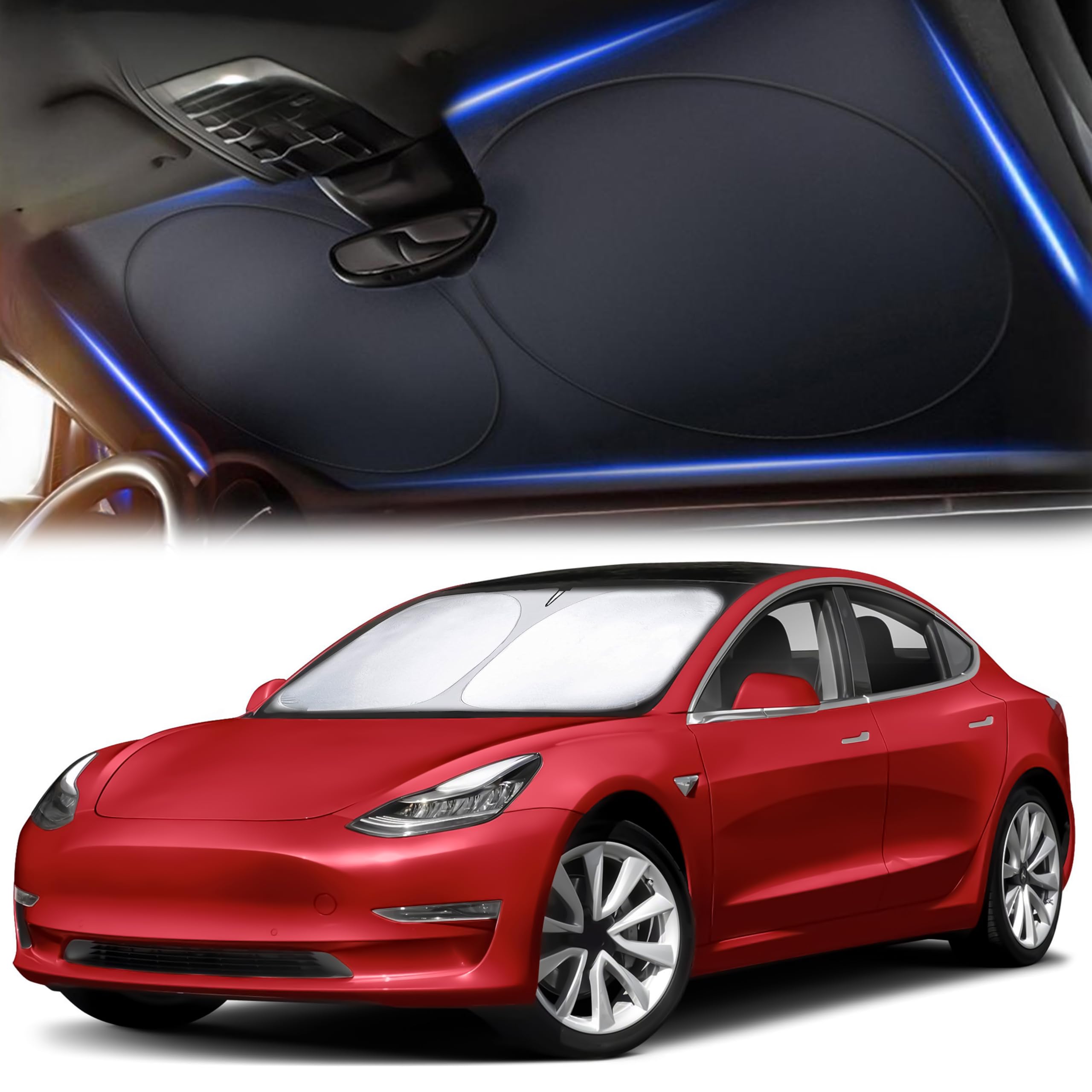 Tesla Windshield Sun Shade For Model(3/Y)(2016-2025) - Xx-Large 56'' X 36'', Foldable Front Sunshade With Storage Bag | Reflecti