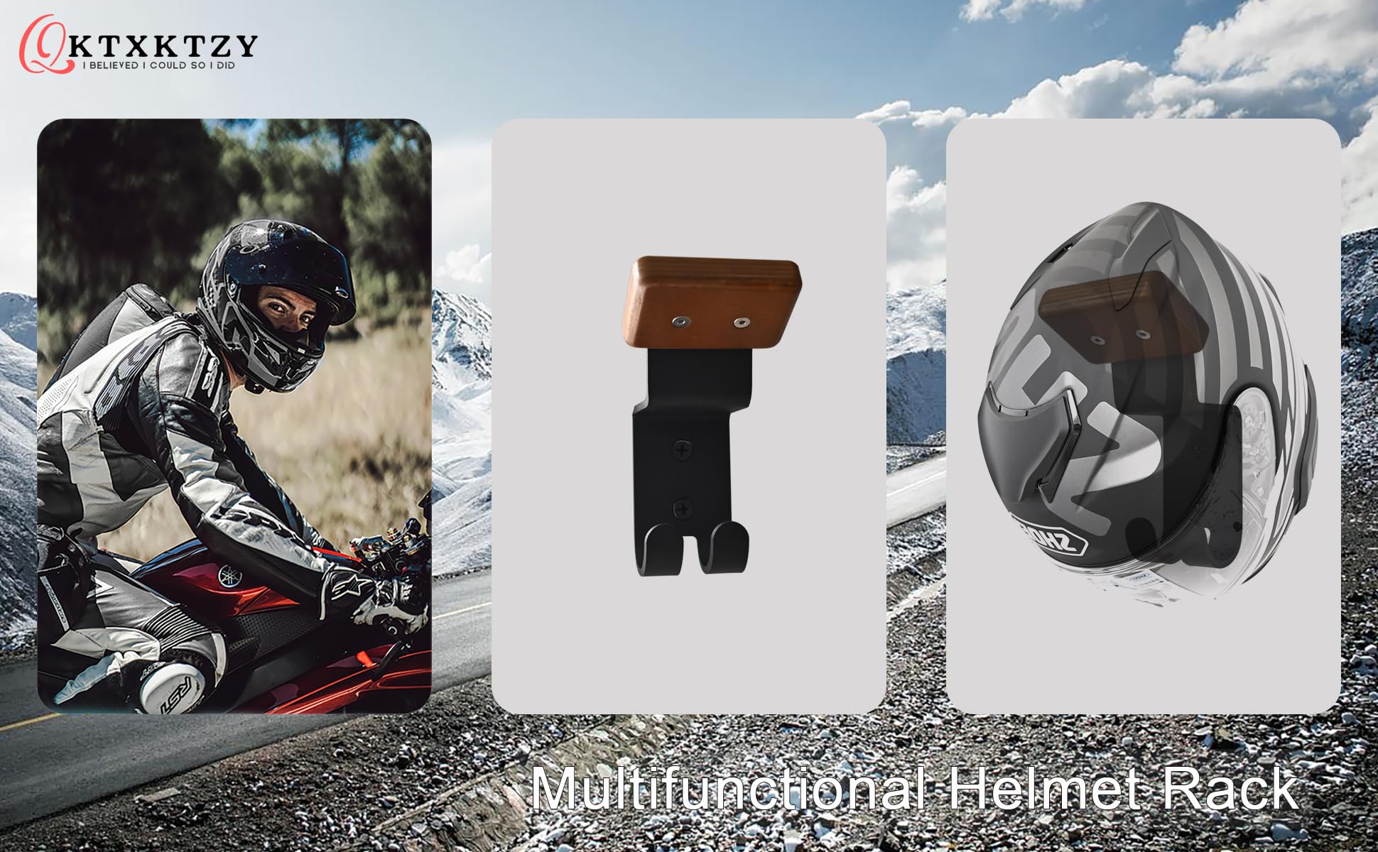 Qktxktzy Helmet Holder Wall Mount - Solid Wood & Steel, 2 Key Hooks, Black Brown, Ideal for Bike & Sports Gear