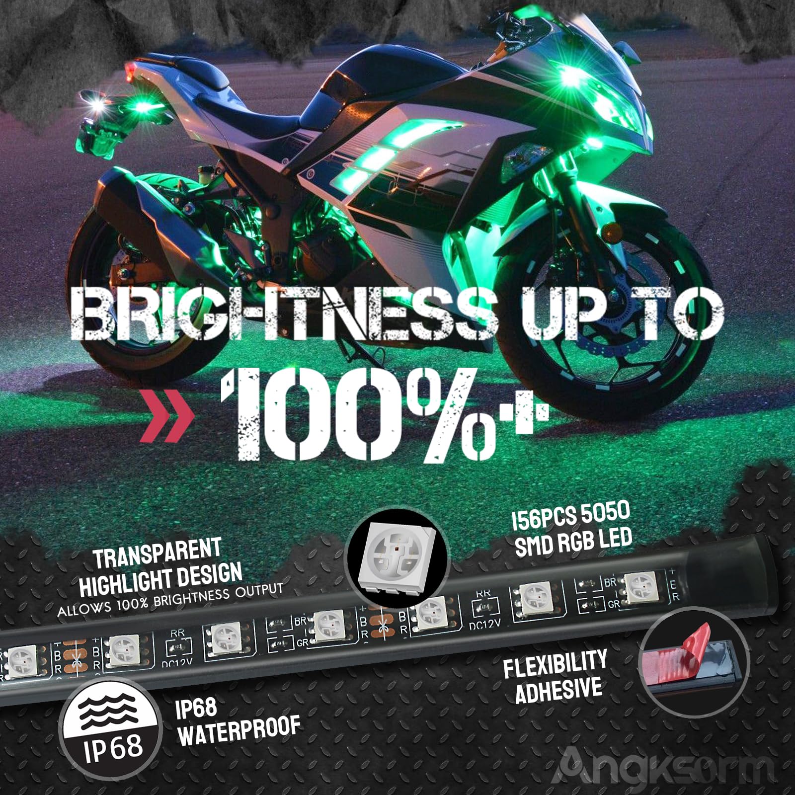 Angksorm 12pcs Waterproof RGB LED Strip Light Kit for Motorcycles, Trikes & Golf Carts - APP & Handle Switch Control, Black