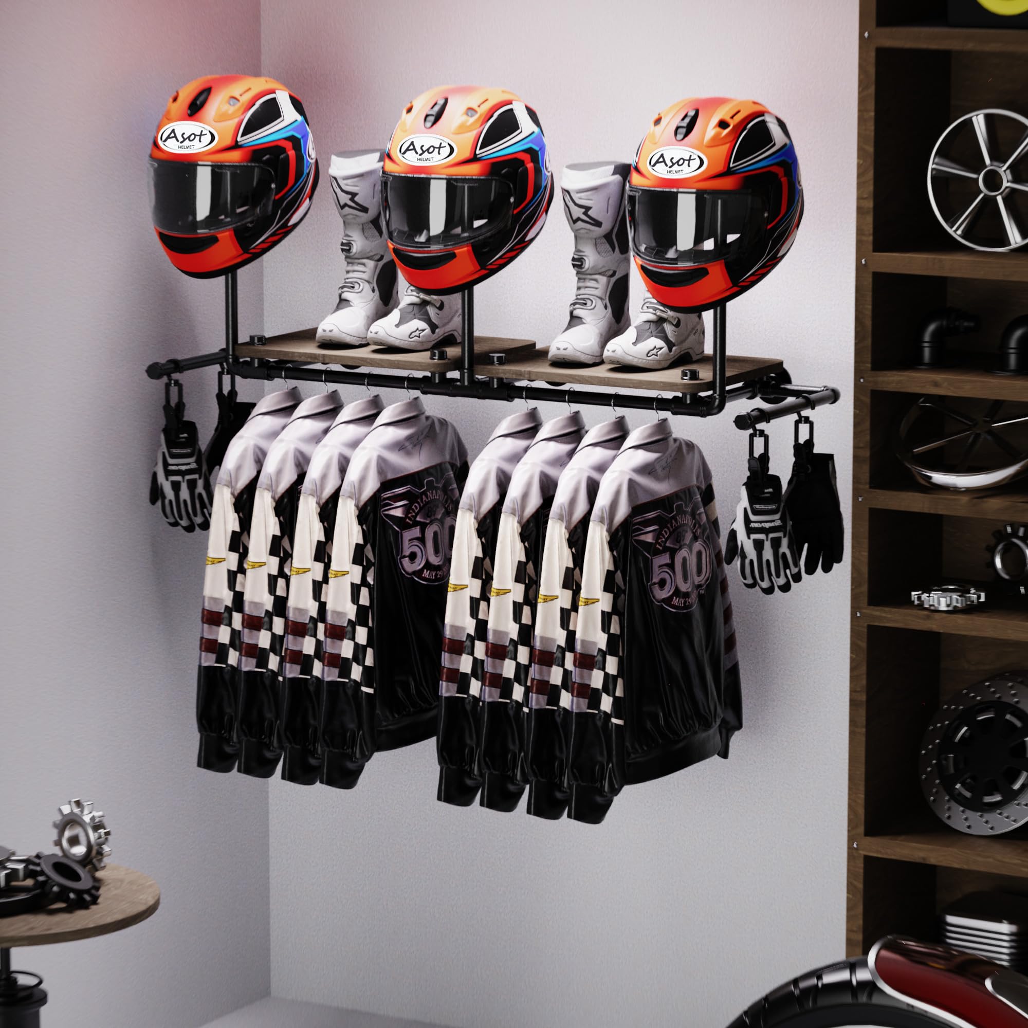 ATSKIM Double Motorcycle Helmet Holder Wall Mount, Metal Display Rack for 3 Helmets, Includes 4 Hooks, Model AT-1002